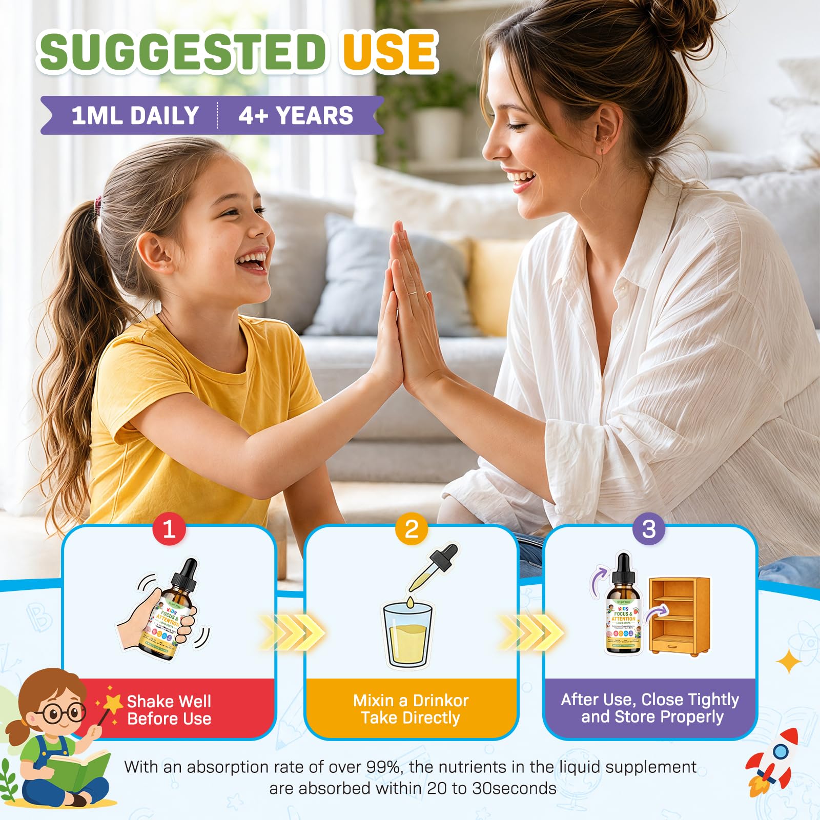 Kids Focus and Attention Supplements with Phosphatidylserine, Omega-3, Magnesium Glycinate, L-Theanine, Choline & Lutein – Kids ADHD Brain Liquid Drops for Memory, Calm Mood & Learning, Strawberry 2oz — Amazon image 5