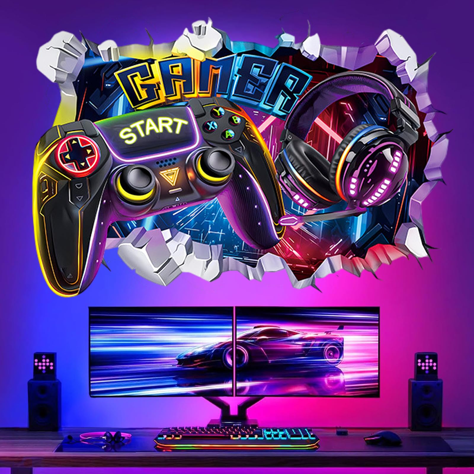 Large 3D Gaming Wall Stickers - Gamer Controller Video Game Joystick Wall Decals - Gaming Room Accessories - Removable Gaming Wall Art Decor for Teen Boys Bedroom Playroom and Game Room
