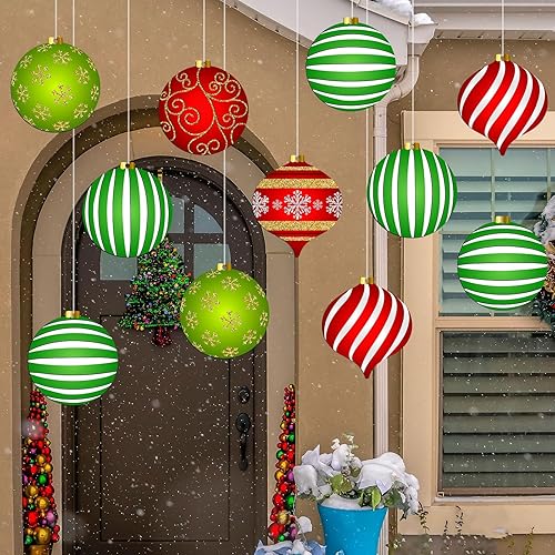 6 adornos colgantes de Navidad para exteriores, decoración plana de madera, adornos redondos de doble cara para patio, porche, techo, decoración de