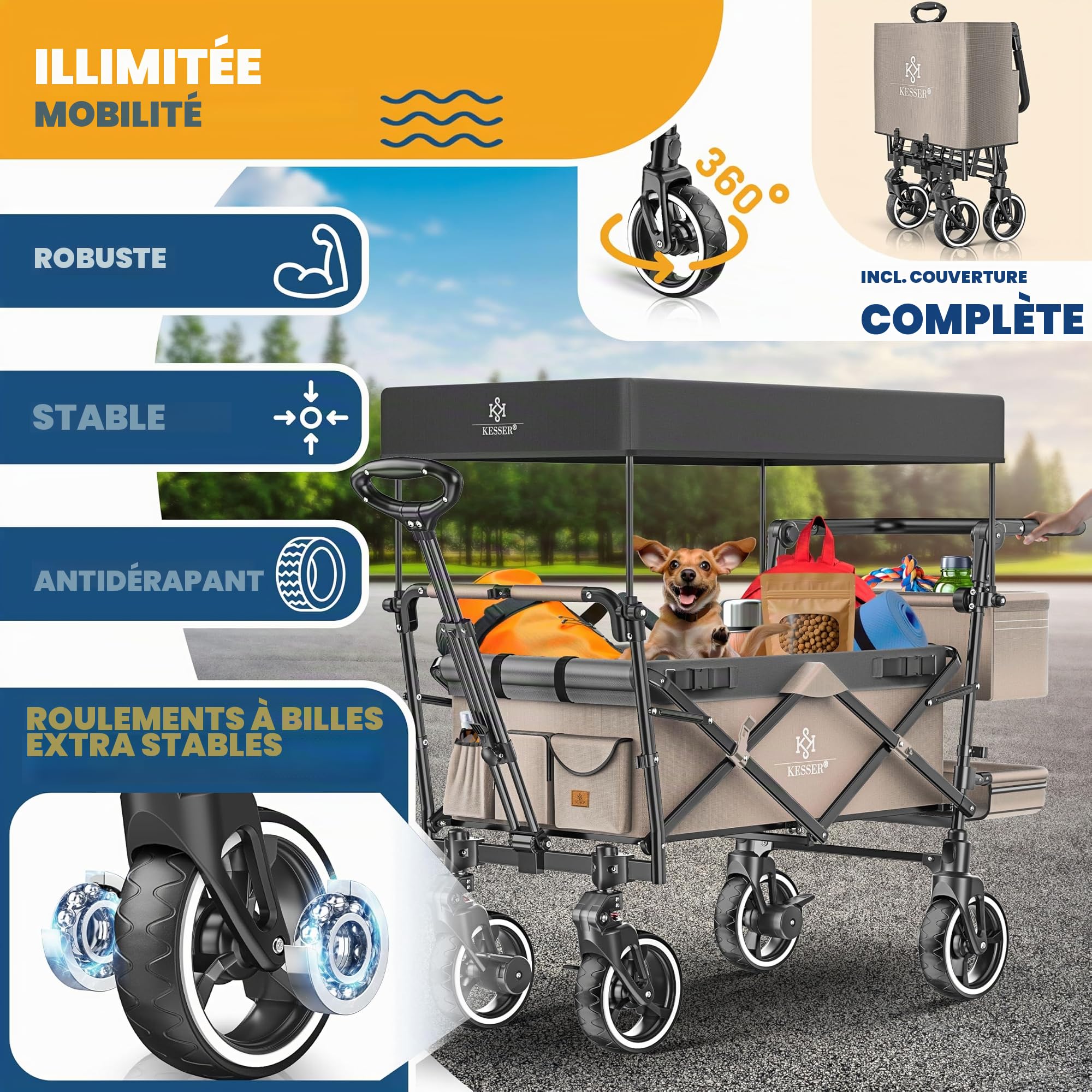 KESSER GTS-9100 Chariot de transport pliable avec toit Charge maximale 150 kg Avec roues en caoutchouc dur et freins de stationnement avant/arrière Avec serrure, couverture, intempéries et brise-vue