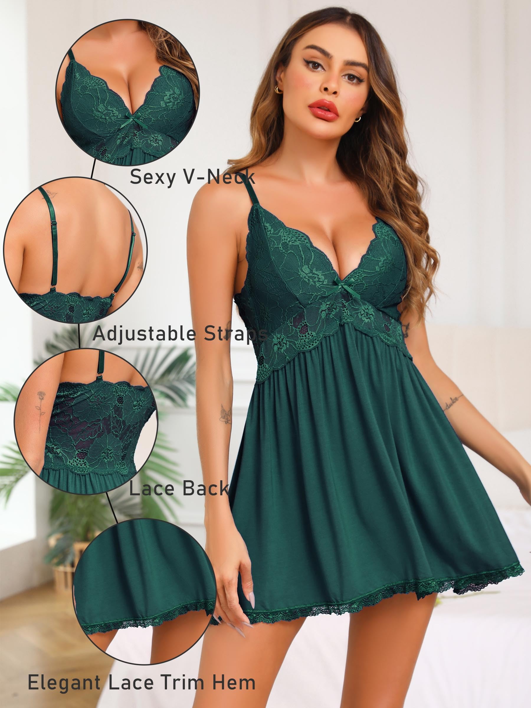 Vlazom Damskie koszule nocne, elegancka bielizna dla pań koszula nocna koronkowa sukienka z dekoltem w serek babydoll bielizna nocna S-XXL
