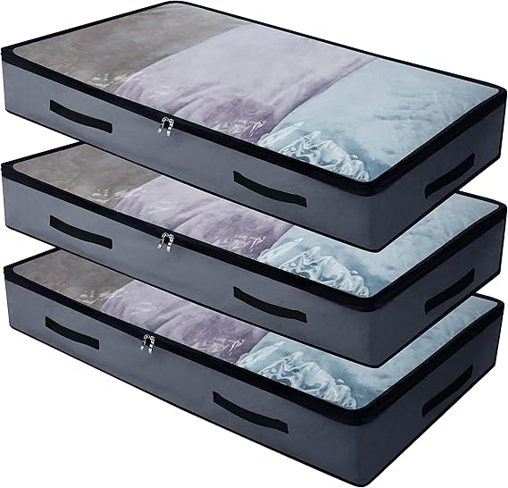 AMJ 3 Pack Underbed Storage Bags, Transparent Zip Lid Under