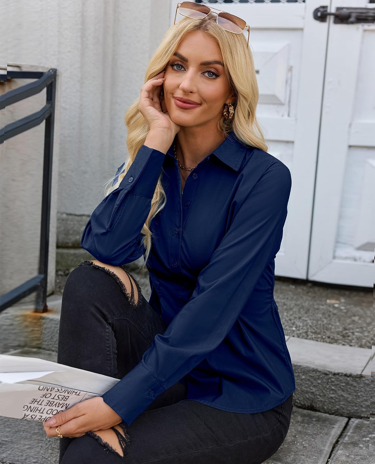 siliteelon Button Down Shirts for Women Cinched Waist Dress Shirt Long Sleeve Cotton Blouse Business Casual Fitted Blouse Top