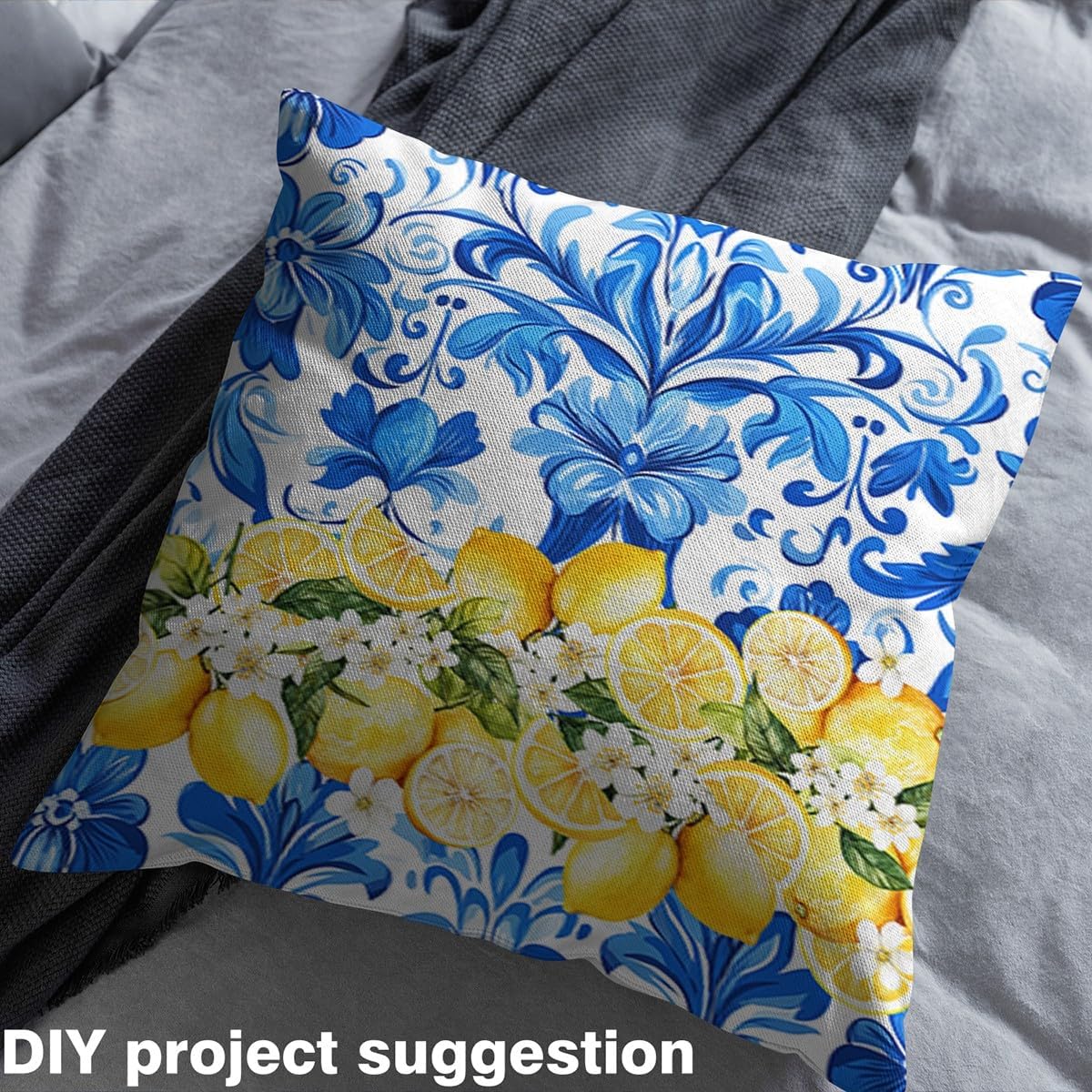Erosebridal Blue White Porcelain Flannel Fabric by The Yard Floral Lemon Soft Not Stretchy Decor Chinoiserie Retro Watercolor Yellow Green Upholstery Decor DIY Decor for Quilting Sewing 2 Yards