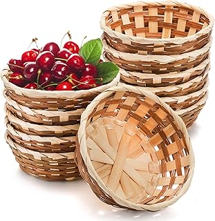 Nicunom 12 Pack Round Gift Baskets, 17cm Bamboo Small Bread & Fruit Basket, Woven Bread Roll Baskets, Food Storage Serving Basket for Kitchen Restaurant Display Decor