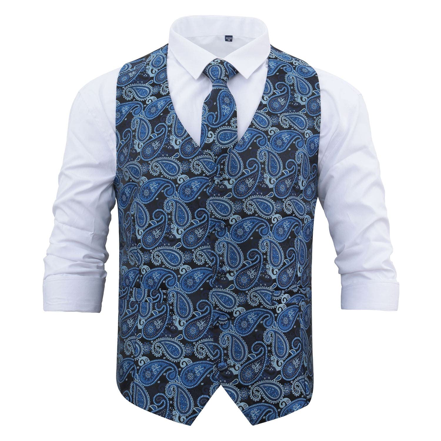 DQT Mens Paisley Bohemian Waistcoat & Tie Set (2pc) - Wedding, Business & Formal - Blue & Black 42" (XL)