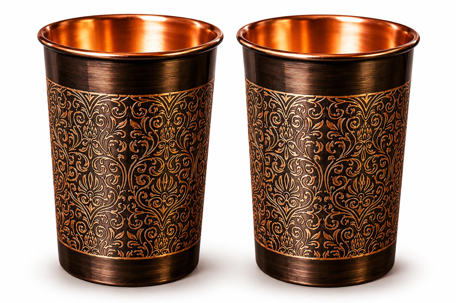 i2collections Pure Copper Water Glass Set of 2 with Elegant Etching Design, Handmade Ayurvedic Drinking Tumblers for Daily Use, Dining, Kitchen, Festive, Wedding & Housewarming Gift Set