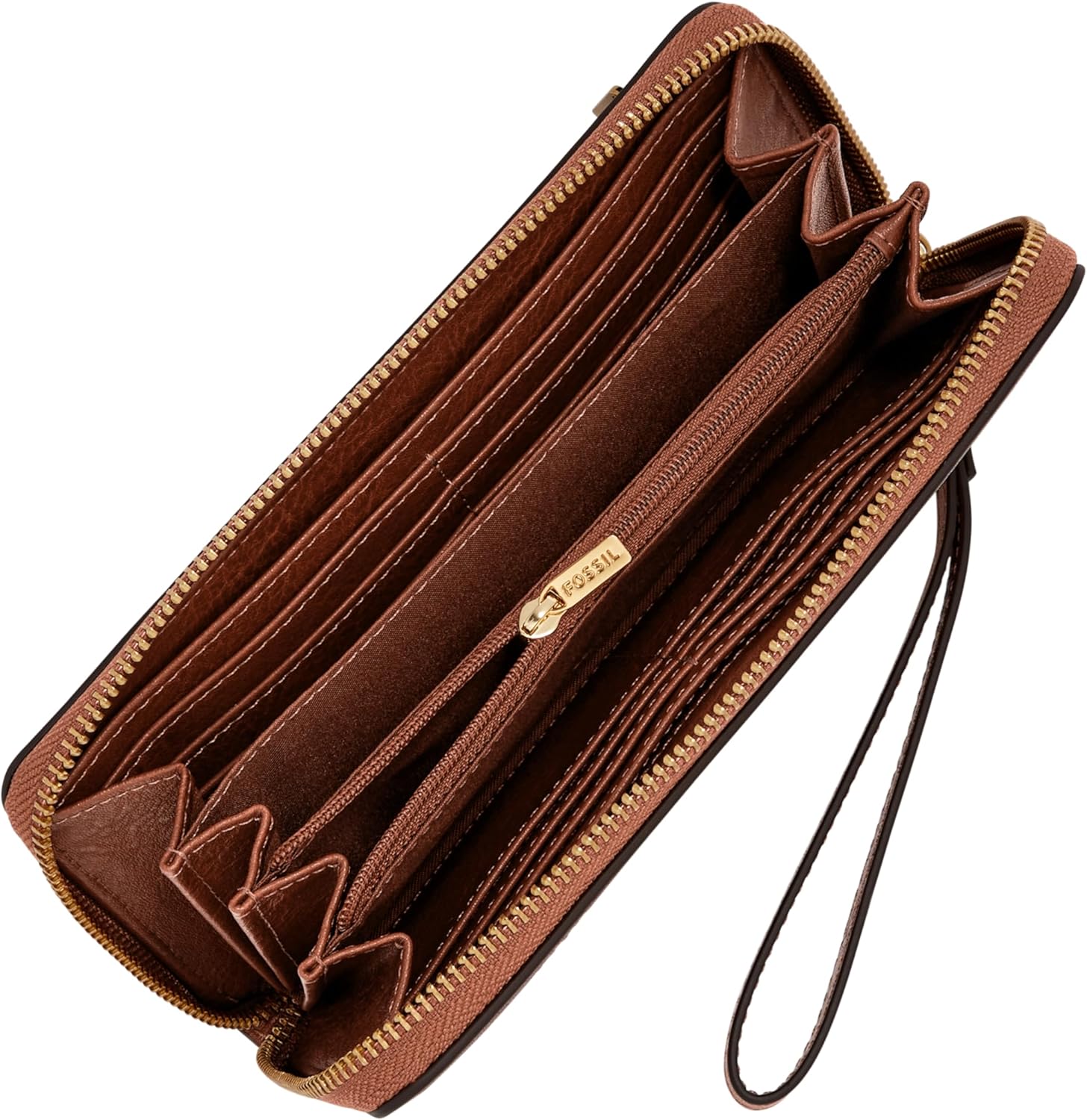 Fossil Women's Logan Leather RFID-Blocking Zip Around Clutch Wallet with Wristlet Strap for Women Brown