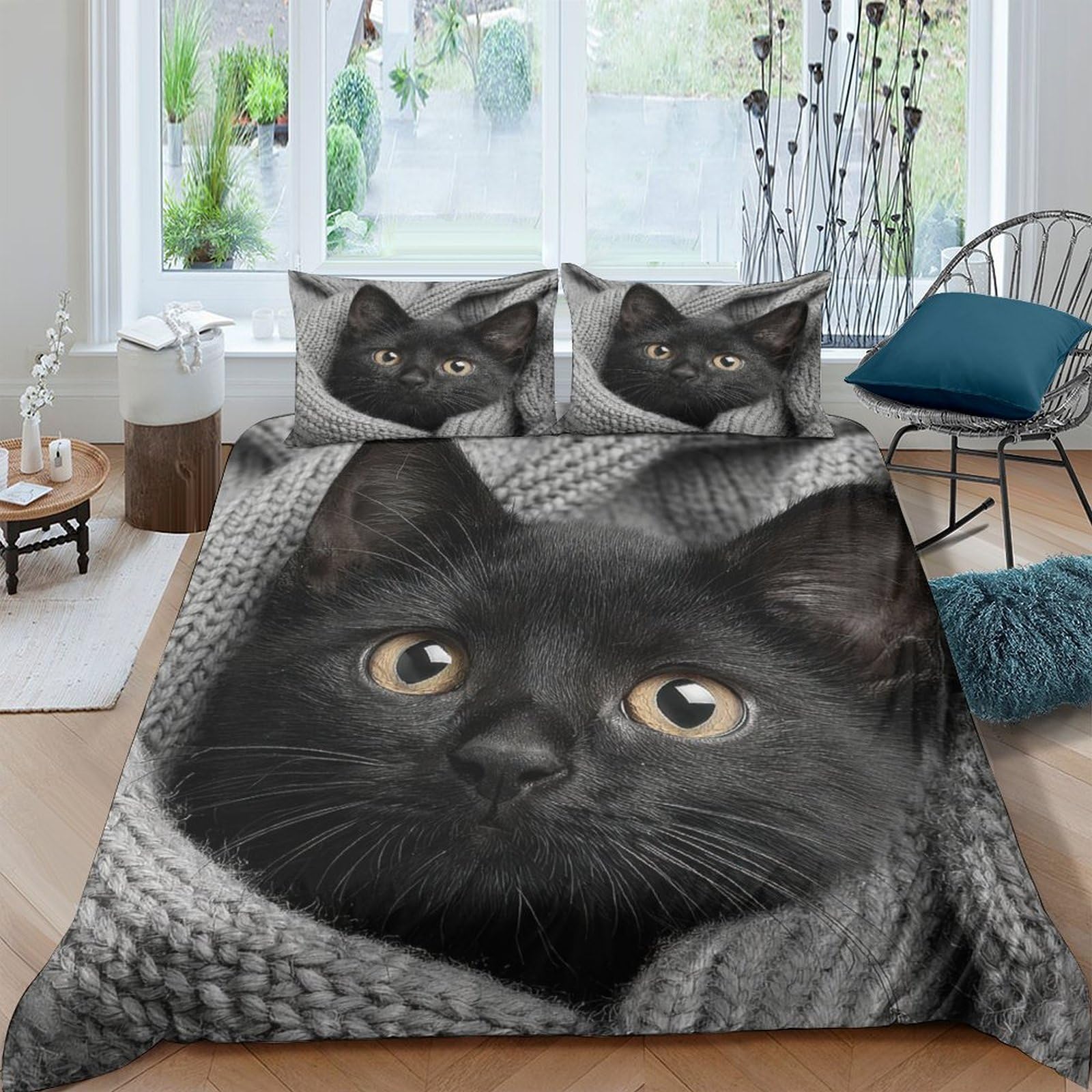 Ctjqhvkz Style-4 3D Printed Black Cat Fitted Sheet Microfiber Soft Breathable Cozy Blanket Design Bed Cover Bedroom Dorm Mattress Decor Single（135X200cm）