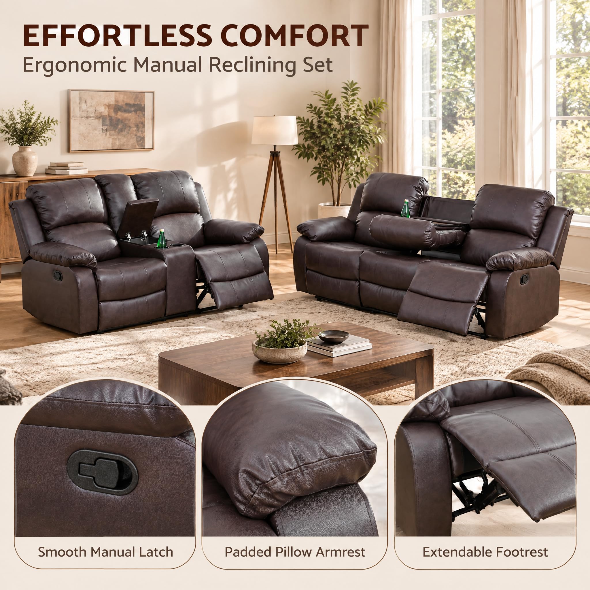 Toseslo Living Room Furniture Sets, Manual Reclining Sofa and Lovseat Set with Drop-Down Table, Leather Recliner Couch Sets, Recliner Sofa with Storage Console/Cup Holder for Home/Apartment(Black) view 4