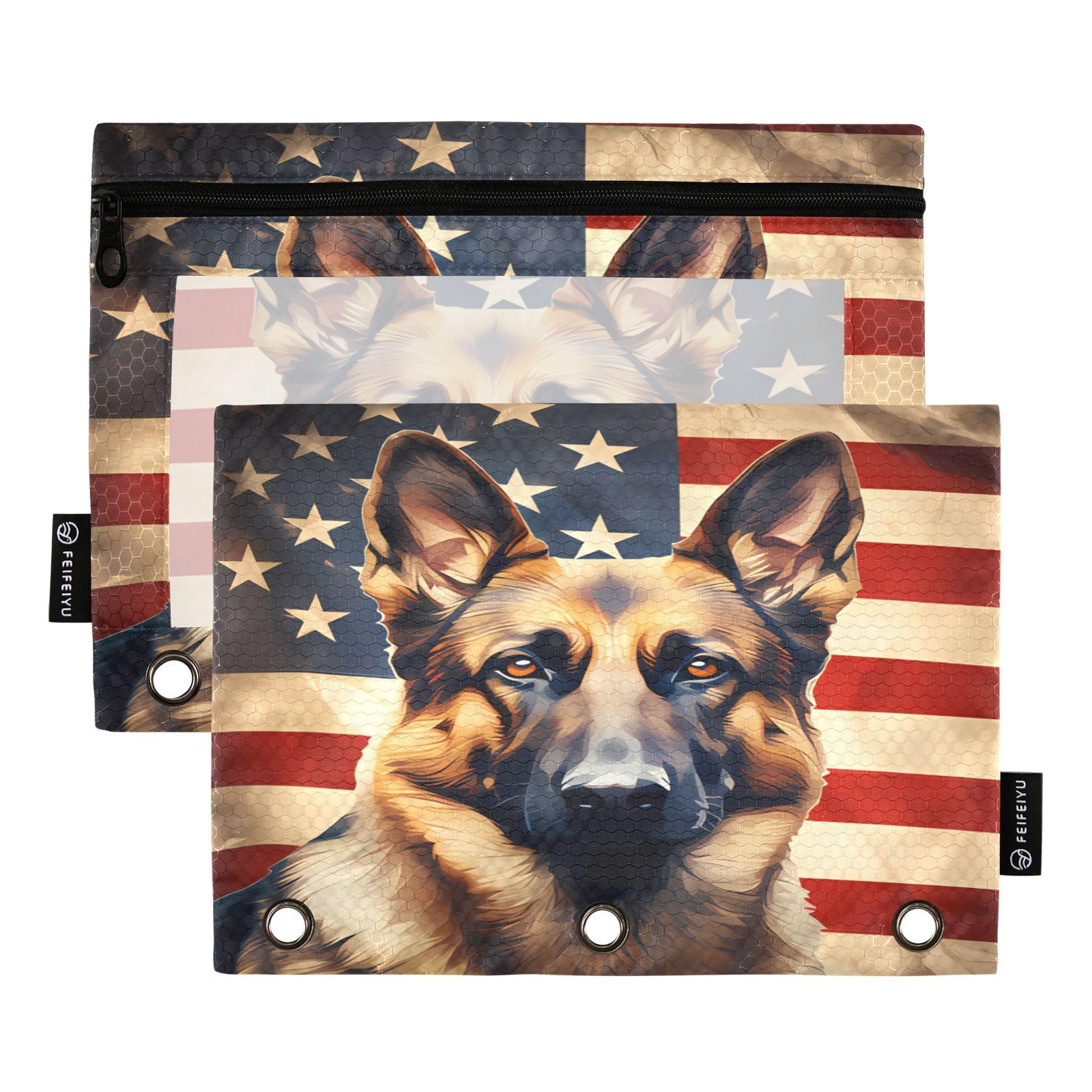 Dog German Shepherd American Flag Pencil Pouch for 3 Ring Binder, 2 Pack Waterproof Pencil Bags Clear Window Zipper School Office Supplies