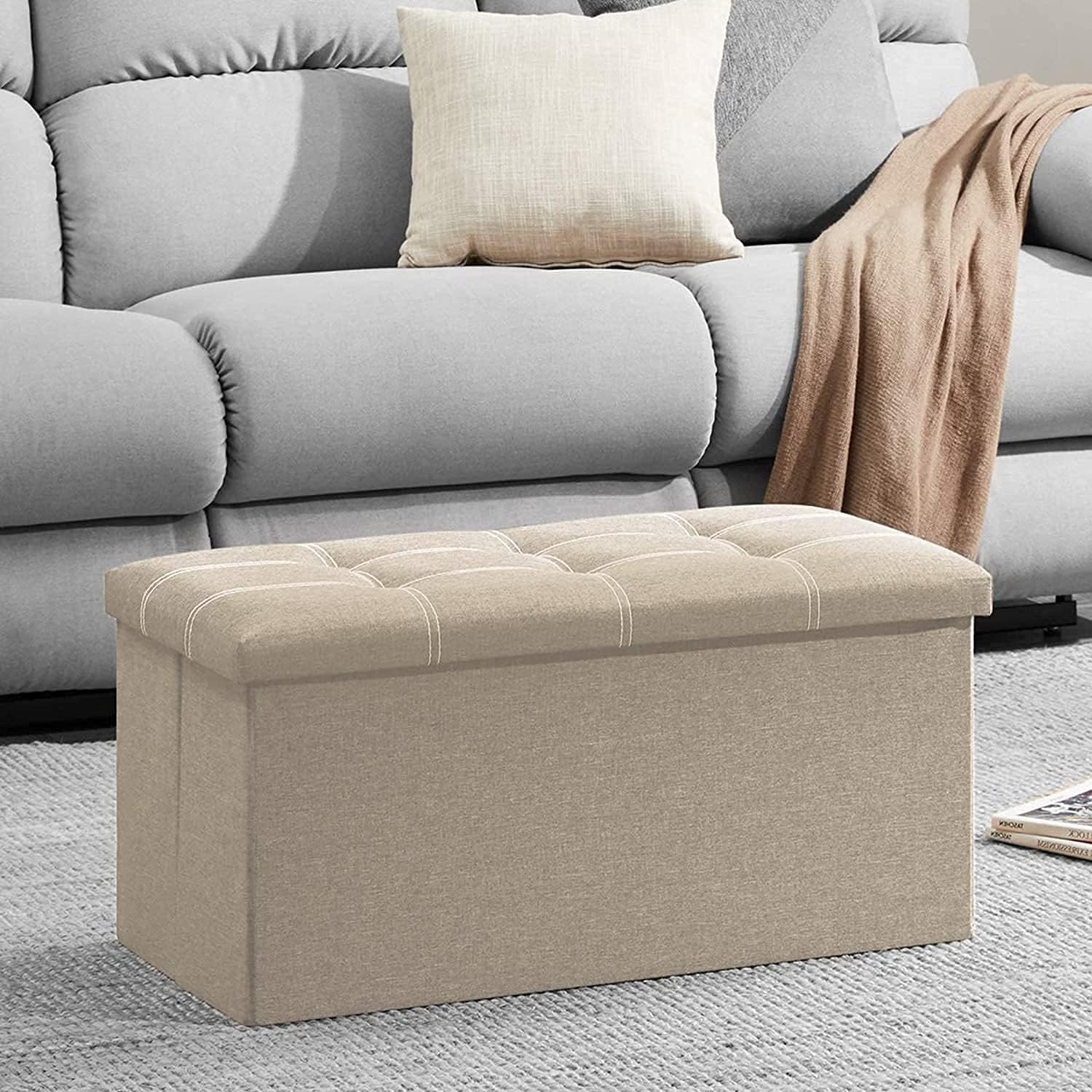 HROY Foldable Storage Ottoman Cube and Toy Box with Cushion Lid – Collapsible Footrest Stool with Hidden Storage Box for Living Room, Playroom, Bedroom (76L x 38W x 38H cm)(Beige, Rectangular)-image-42