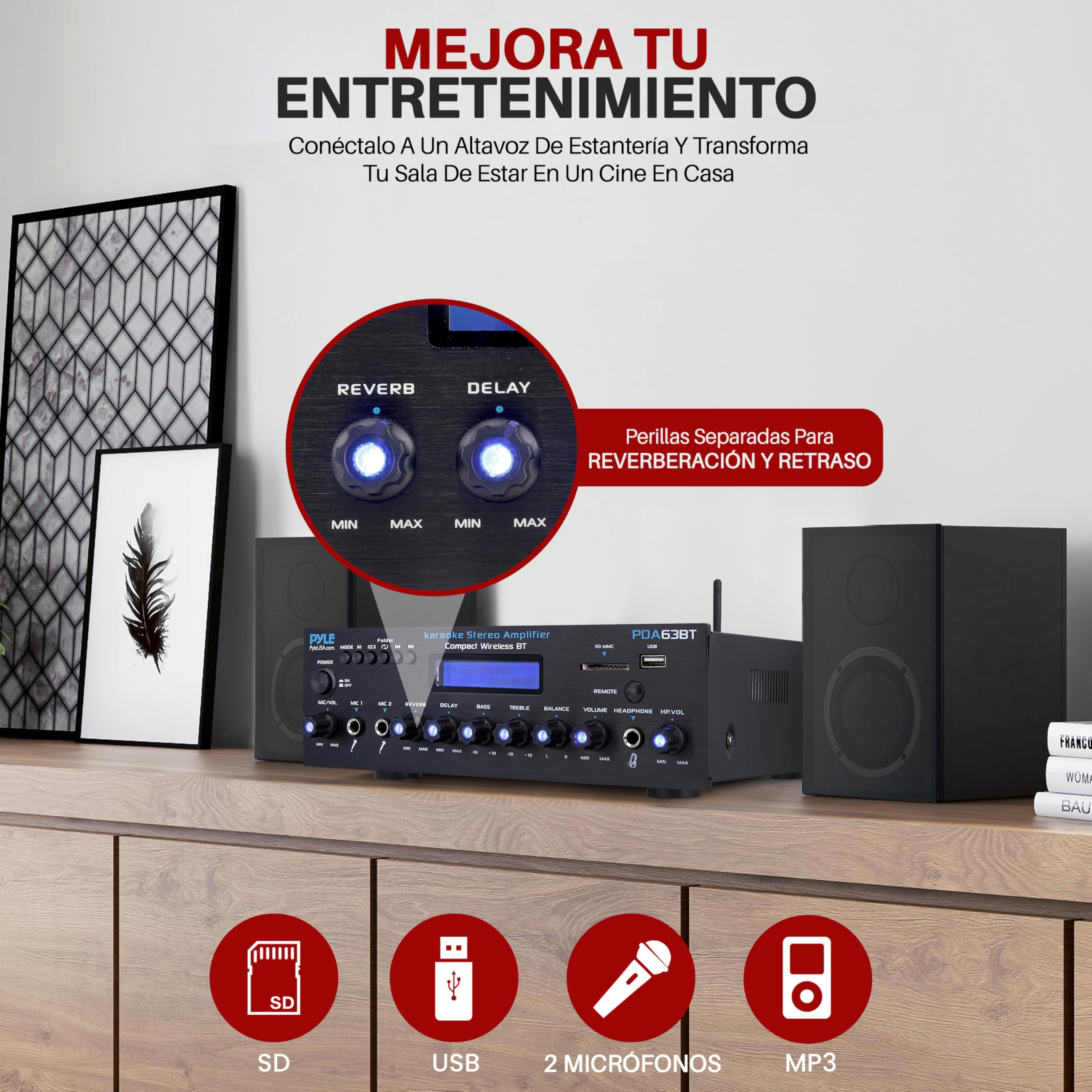 Pyle Amplificador Estereo BT, Inalambrico, Multicanal, 200V, para el hogar, Radio FM, USB, SD, AUX, RCA, Entrada de microfono