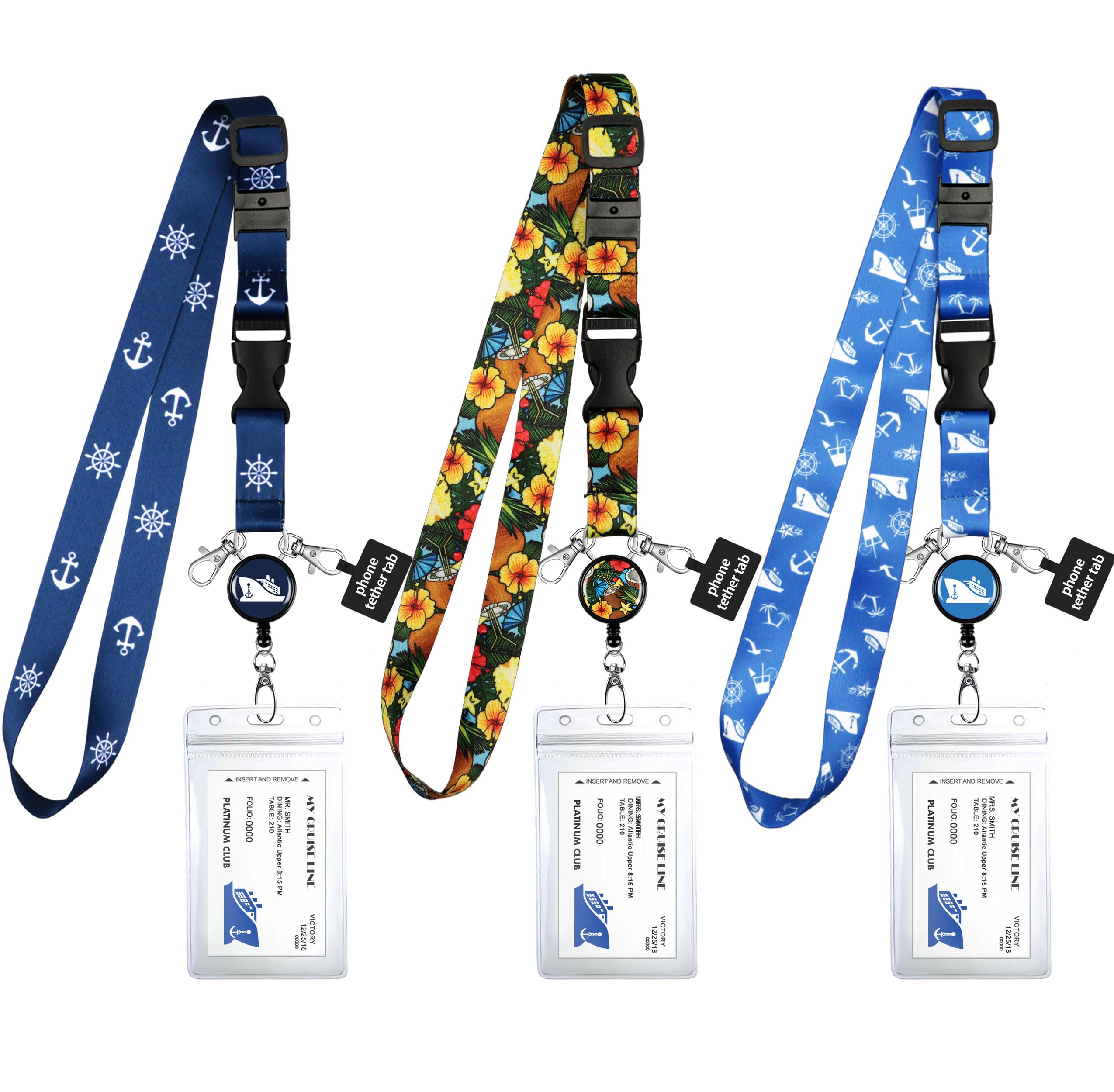 Cruise Lanyards 3 Pack Adjustable Lanyard with Phone Tether Holder. Breakaway Safety Clip. Retractable Badge Reel. Waterproof ID Ship Cards Holder. Cruise Essentials.