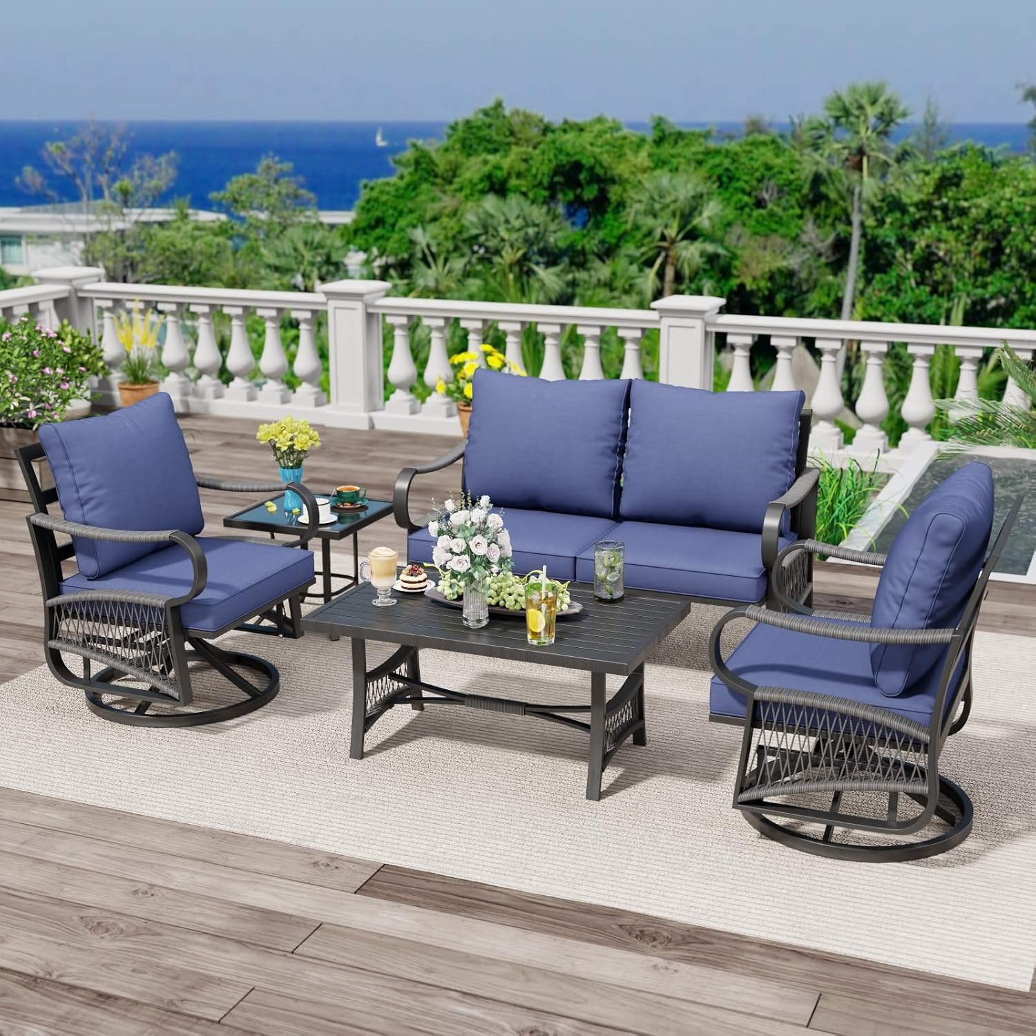 5 Piece Patio Furniture Set, Outdoor All Weather Conversation Sofa Set with 2 Swivel Chairs, Rope Braided Design and Thick Cushions for Garden, Porch, Lawn, Blue