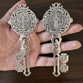 2Pcs/Set Enamel Double Side Saint Benedict 4.9inchX2.9inch Key Blessing For Protection - Medalla de san benito Home and Door hanger - Wall Hanger Catholic Easter Day Gifts - Llave de San Benito Gift (Silver)