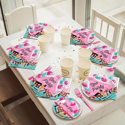 Miniatura 5 de Juego de 96 platos y servilletas para fiesta de spa, suministros de fiesta de maquillaje para niñas y niños, decoración para niñas, niños, princesa,