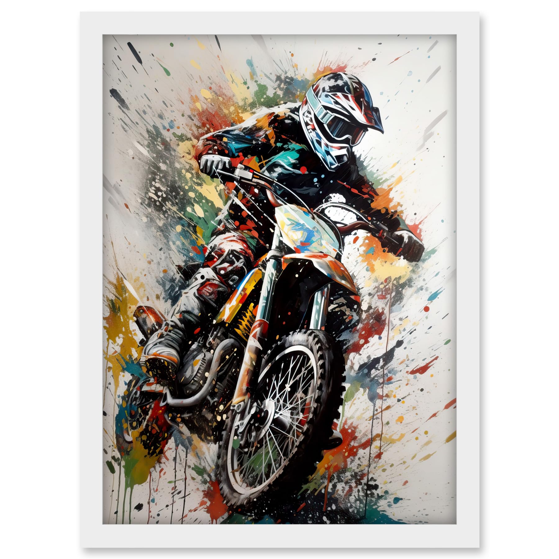 Artery8 Motocross Racer Paint Splat Action Shot Portrait Artwork Framed A3 Wall Art Print