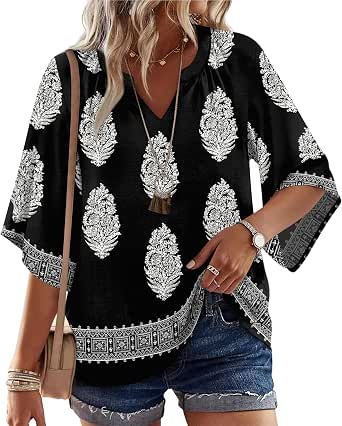 WIHOLL Boho Women's Summer Spring 3/4 Sleeve V-Neck Dressy Casual Blouse