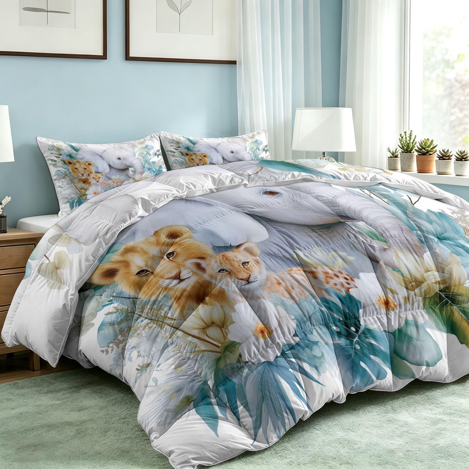 Générique Piumino senza federa per bambini adolescenti, stile natura acquerello, lavabile, 140 x 200 cm, motivo: animali selvatici, giungla e leggera biancheria da letto con 2 federe