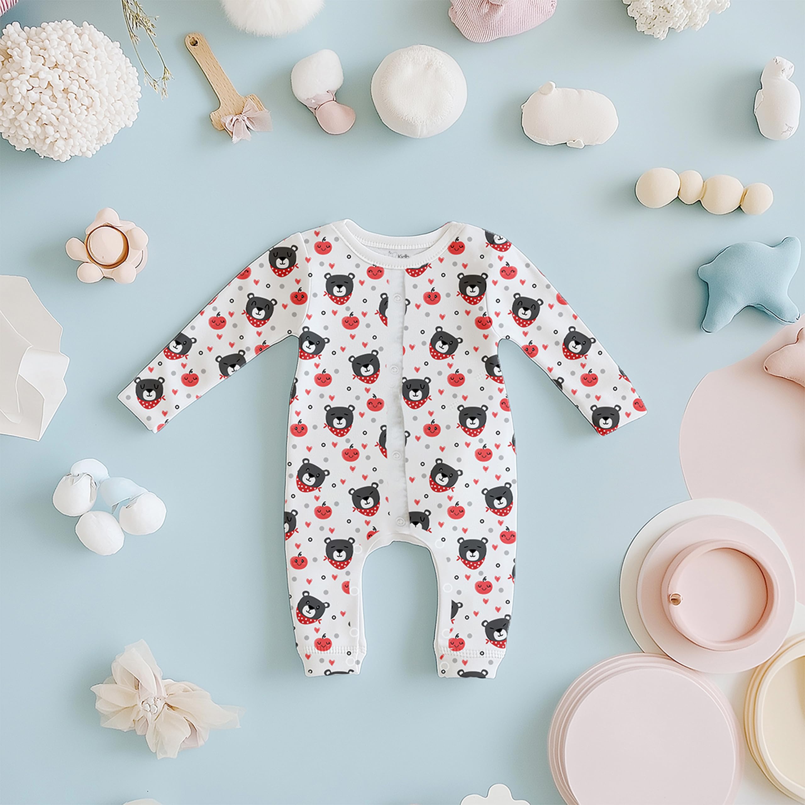 Kidbea® 100% Cotton Romper Jumpsuit Night Suits for Infants Newborn Baby Boys & Girls Teddy Printed With Grey & Pink Color Size 18-24 Months - Image 3 thumbnail
