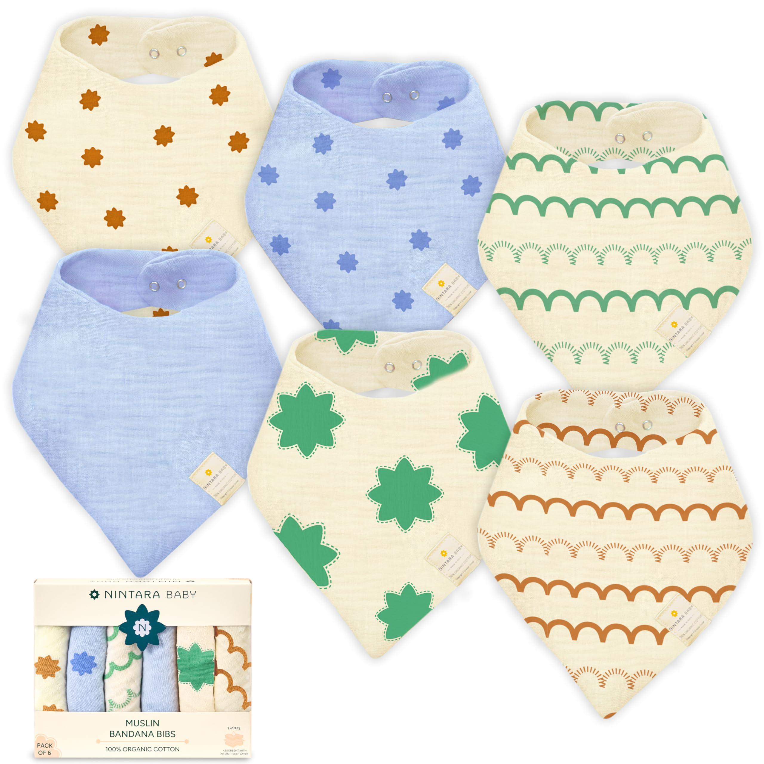 Nintara Baby Bandana Bibs - 100% Organic Premium Muslin Cotton, Absorbent, Soft, Adjustable Snap Buttons, Reversible, 6-Layers for Drooling, Teething, Feeding, Gifts for Babies Ages 0-3, Pack of 6-image-13