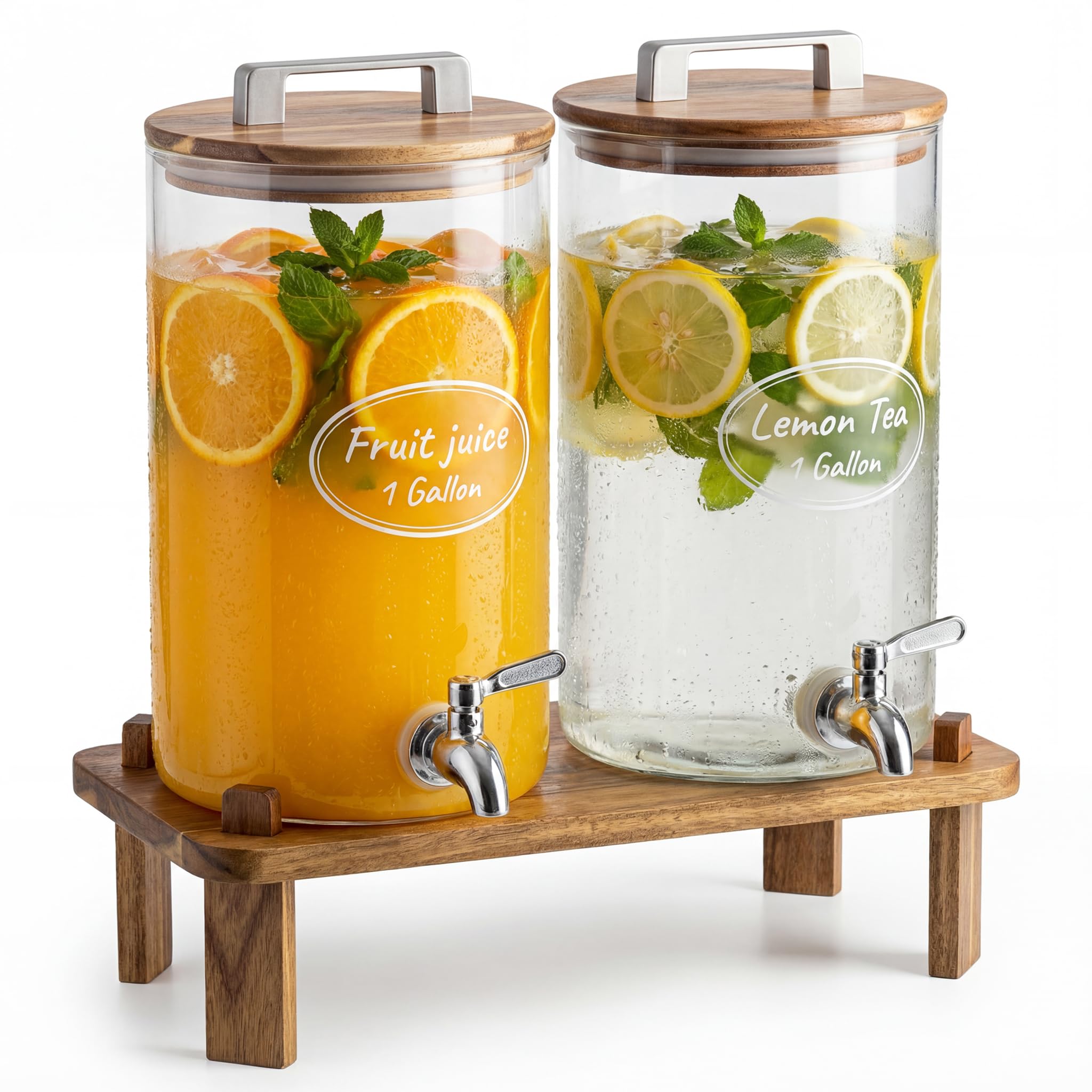 ‌MerryNine 2x4L Verre Distributeurs de Boissons, Distributeur Boissons avec Support en Bois, avec Robinet en Acier Inoxydable, Distributeurs d'Eau pour Fêtes, Idéal pour Limonades Froides ou Chaudes