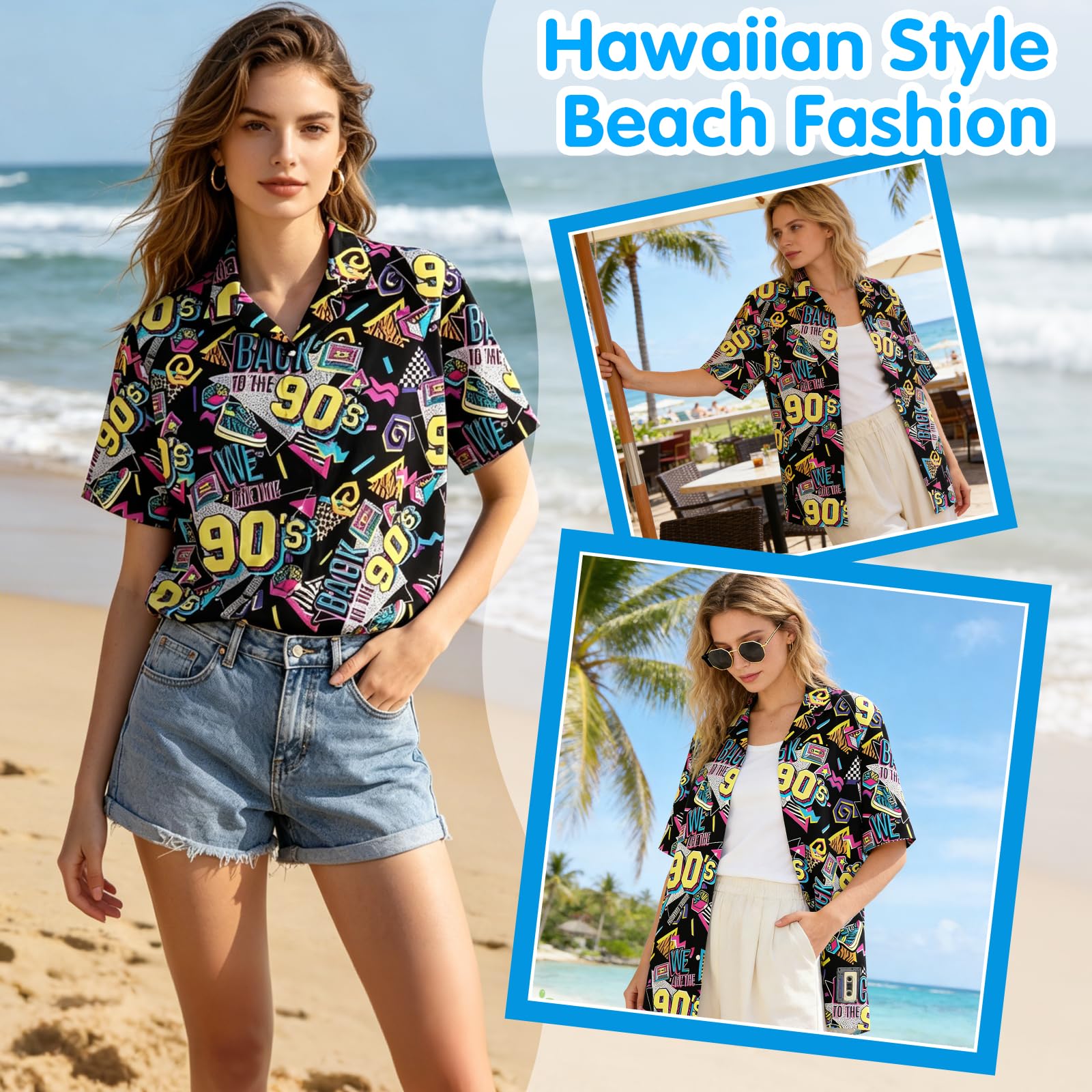 Abbigliamento hawaiano, da donna, a maniche corte, estivo e occhiali da sole, anni '90, per casual, vacanze, carnevale