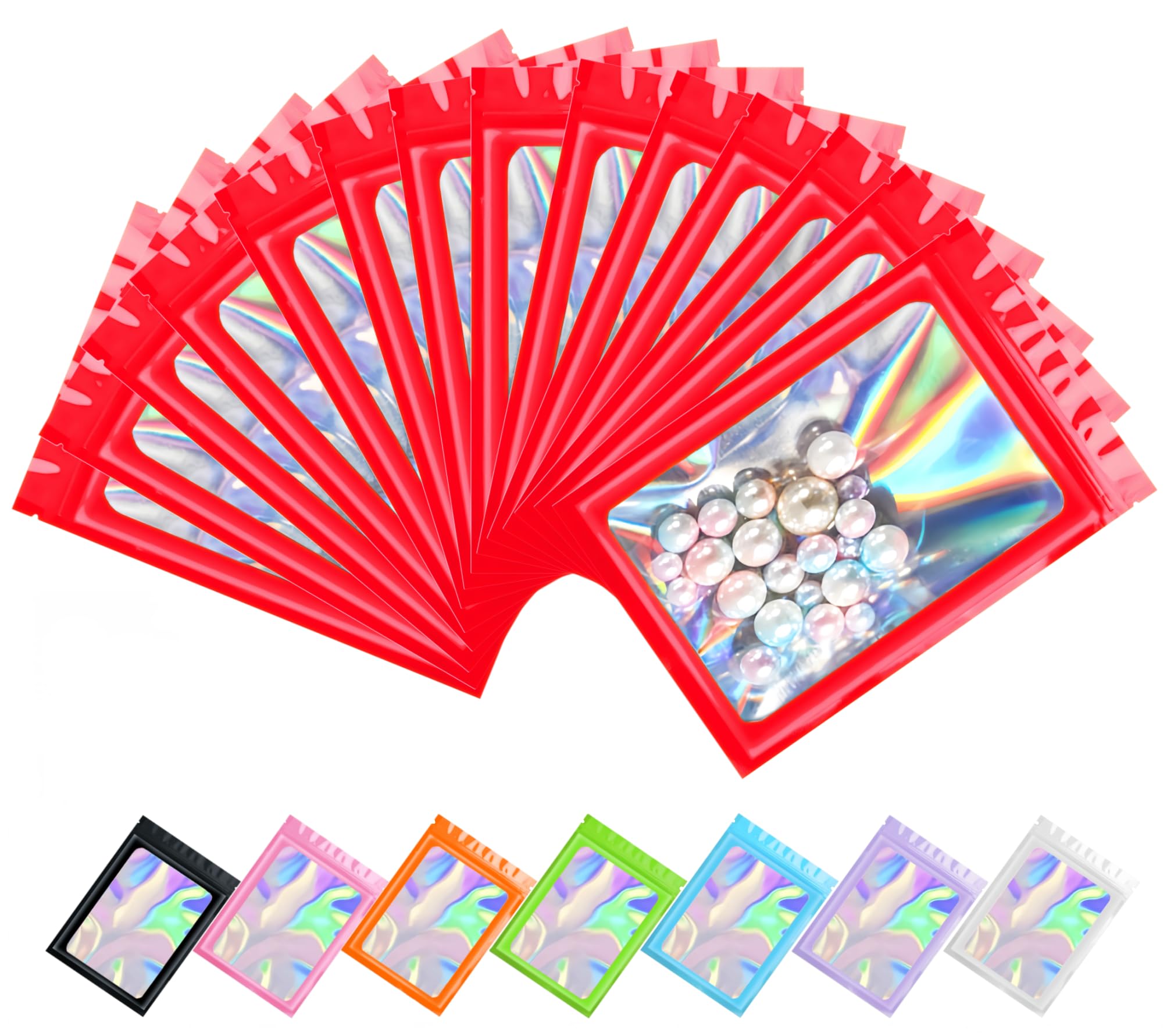 Plaphy 100-Pack Resealable Holographic Mylar Bags with Clear Window, Ziplock Sample Bags, Aluminium Foil-Lined Pouches for Food Storage, Snacks, Jewellery & Accessories (Red, 3.5 x 6.3 inches)