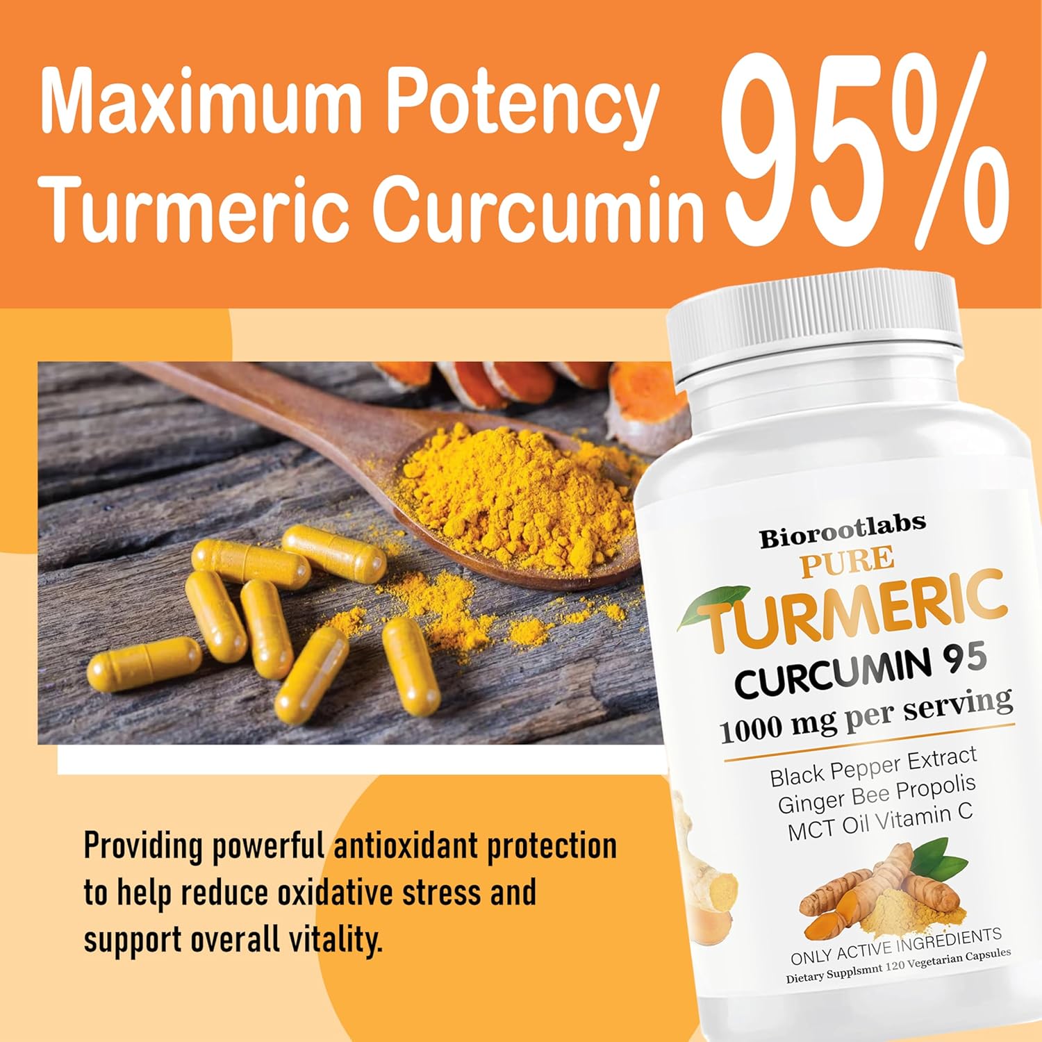 Biorootlabs Turmeric Curcumin | Pure Turmeric Curcumin Supplement 1000mg | 95% Curcuminoids with Bee Propolis, Ginger, MCT Oil, Fat Soluble Vitamin C, & Black Pepper 120 Capsules (1) - Image 3