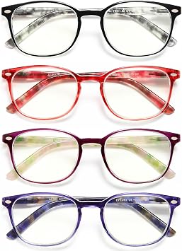 EYEURL Blue Light Blocking Reading Glasses Women, 4-Pack Spring Hinge Computer Readers,Anti UV Ray Square Nerd Eyeglasses +1.00