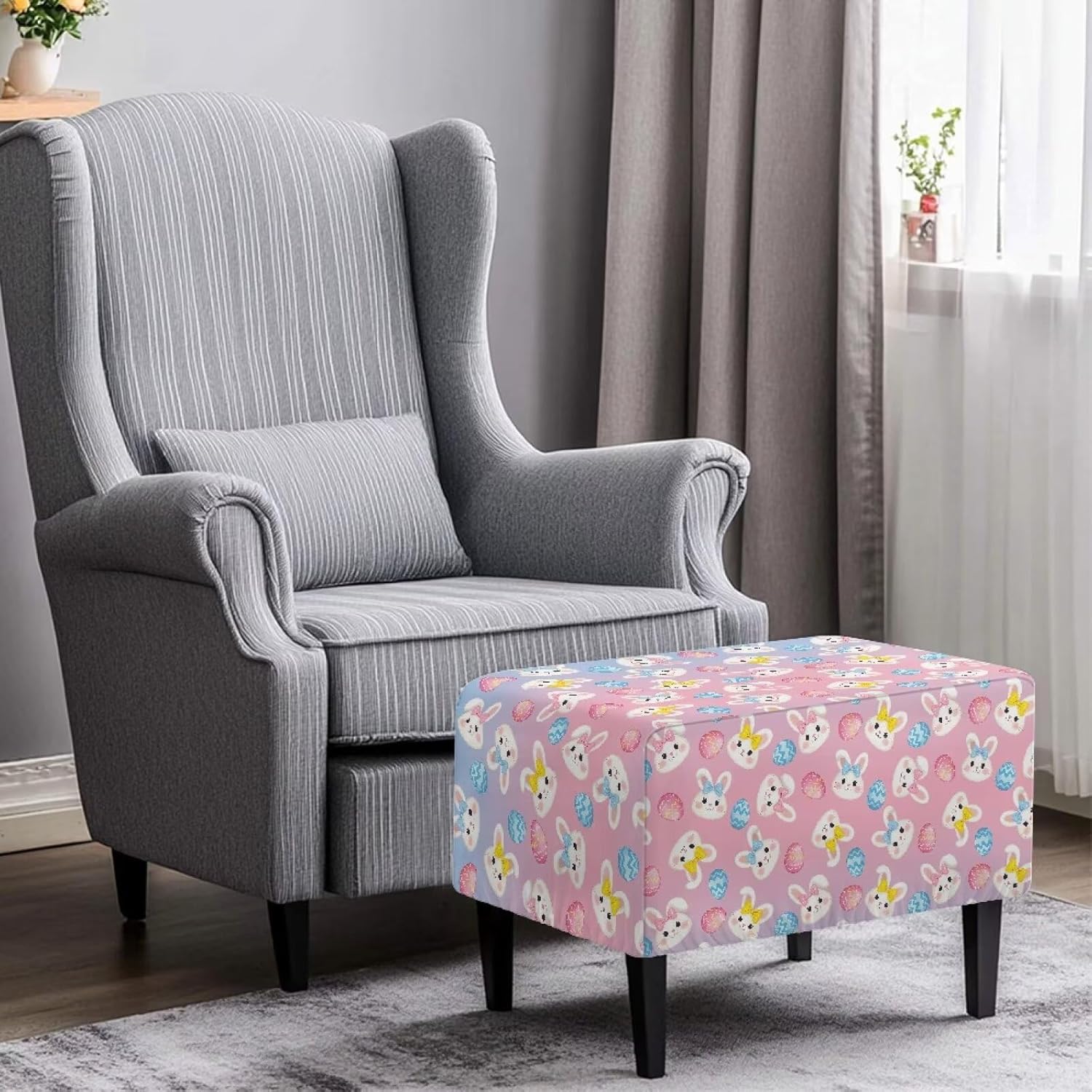 Ottoman Cover Rectangle, Easter Bunny Stretch Ottoman Slipcovers Waterproof Soft Footrest Stool Cover Footstool Furniture Protector with Elastic Bottom