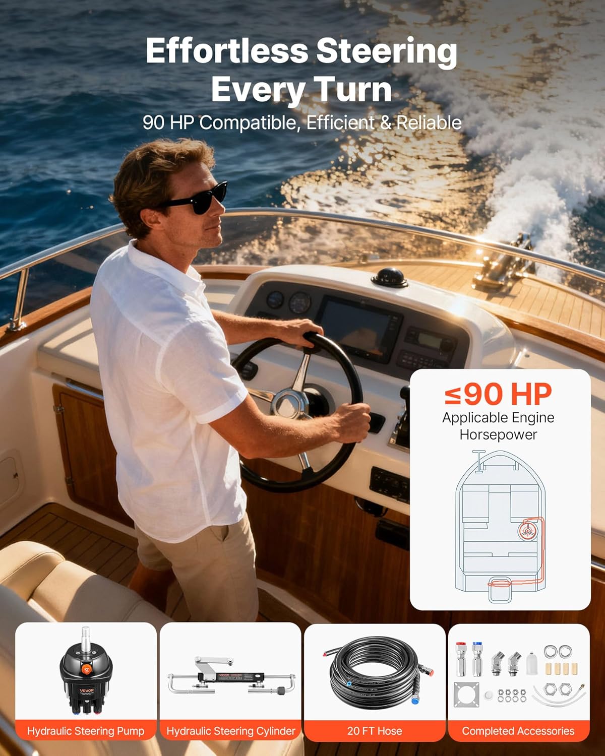 VEVOR Hydraulic Steering Kit, 90 HP, Marine Boat Hydraulic Steering System, with 6.9 MPa/1000 psi Helm Pump, Two-Way Lock Cylinder, and 20 ft High-Strength Hoses, for Single Station, Single-Engine Use