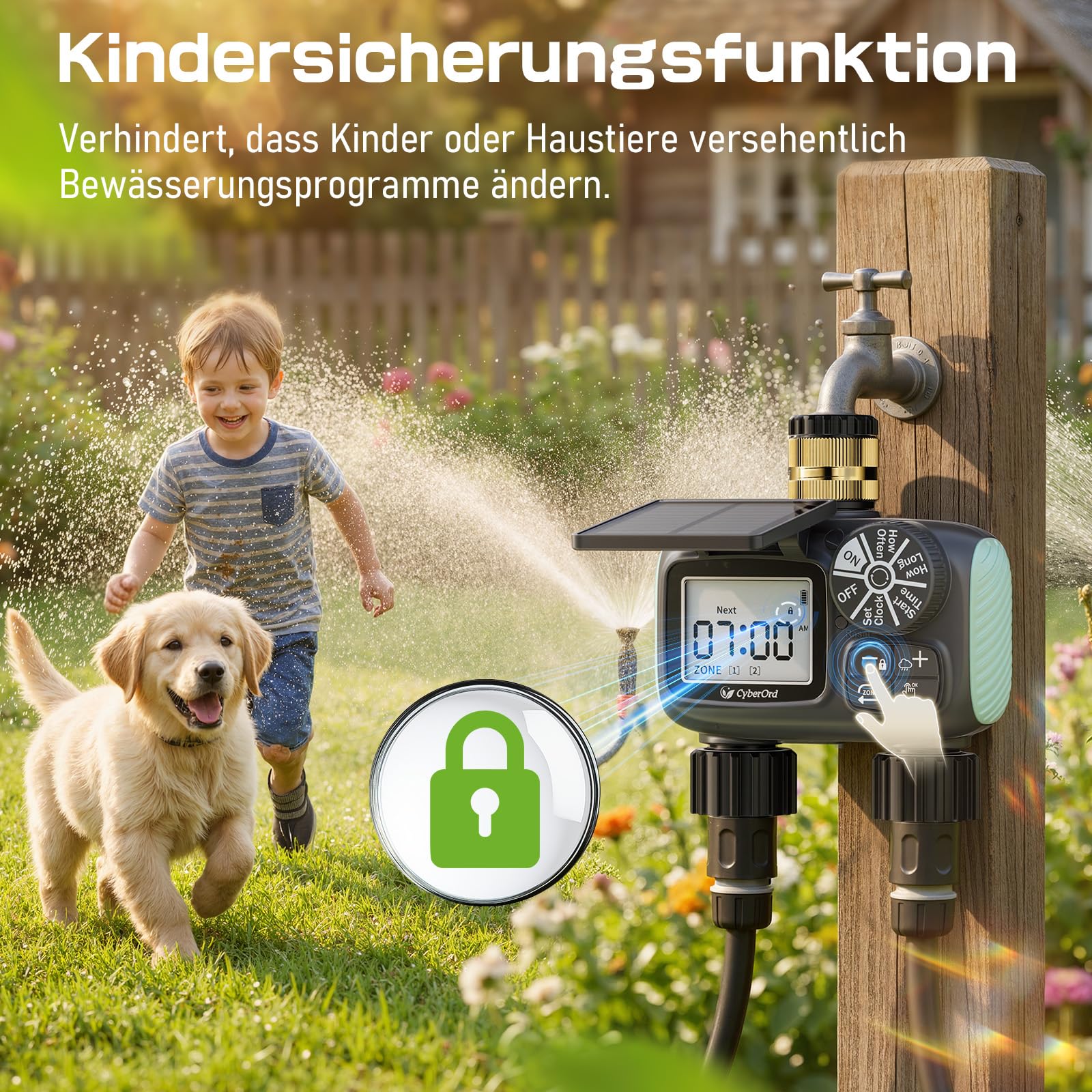 2-Zonen Solar Bewässerungscomputer, Automatische Bewässerung Wasser Zeitschaltuhr mit Solaraufladung, Bewässerungssteuerung mit Auto-/Manuell-/Regenverzögerungsmodi für Rasen/Terrasse/Garten