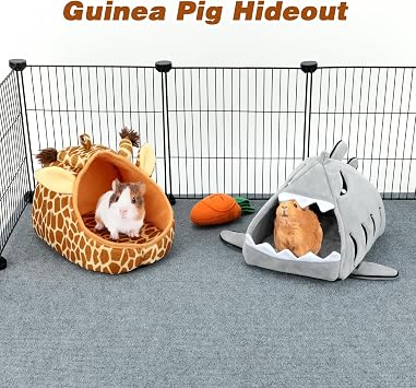 YUEPET Guinea Pig Bed 2 Pack, Warm Guinea Pig Hideouts, Shark & Giraffe