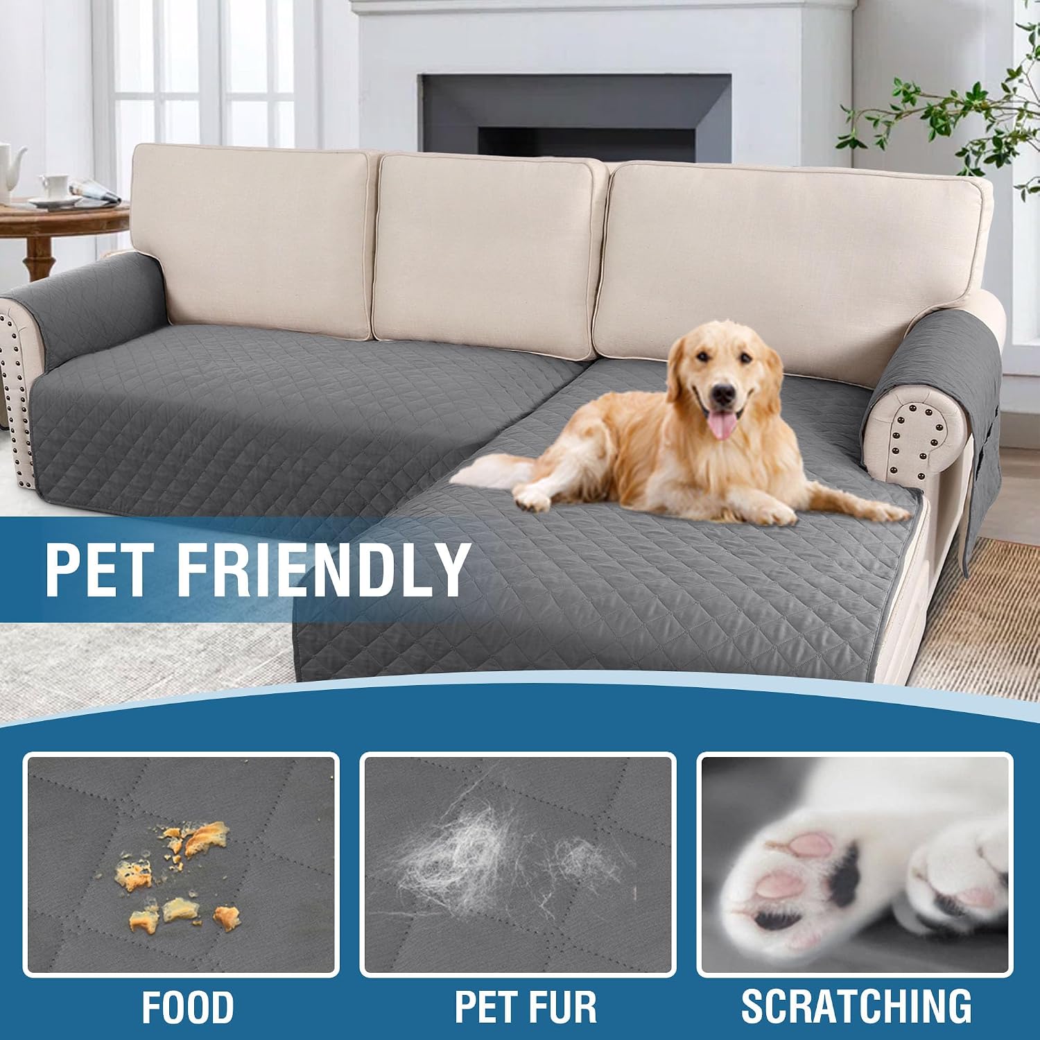 H.VERSAILTEX 100% Waterproof Sectional Couch Covers for Dogs L Shape Sofa Cover 2 Piece Sofa Slipcover Chaise Lounge Cover Furniture Protector Cover for Pets(Right Chaise + 2 Seat Sofa, Rocket Gray)