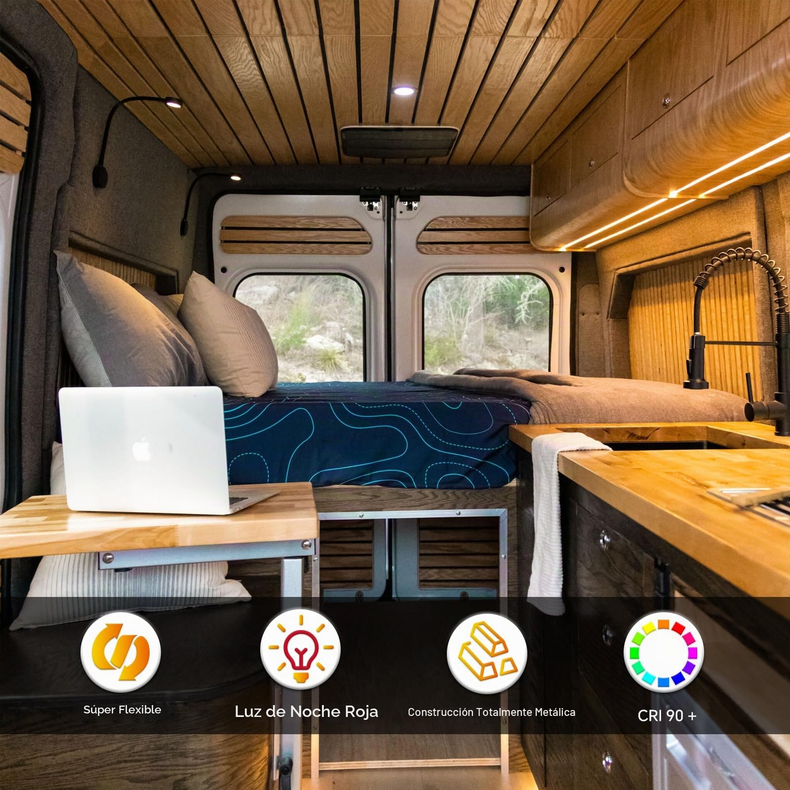 Lámpara de lectura LED 12V Regulable para Autocaravana Furgo Barco Van, Equipado Cargador USB& Luz Nocturna Roja 254lm 24VDC Flexible Cuello de Cisne Junto a la Cama de Pared Luz de Lectura