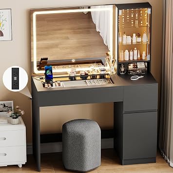 wanan Vanity with Glass Top, Black Vanity Desk with Mirror and Lights, Jewelry Storage, Power Outlet, 3 Adjustable Lighting Modes, Makeup Vanity with 2 Drawers for Bedroom