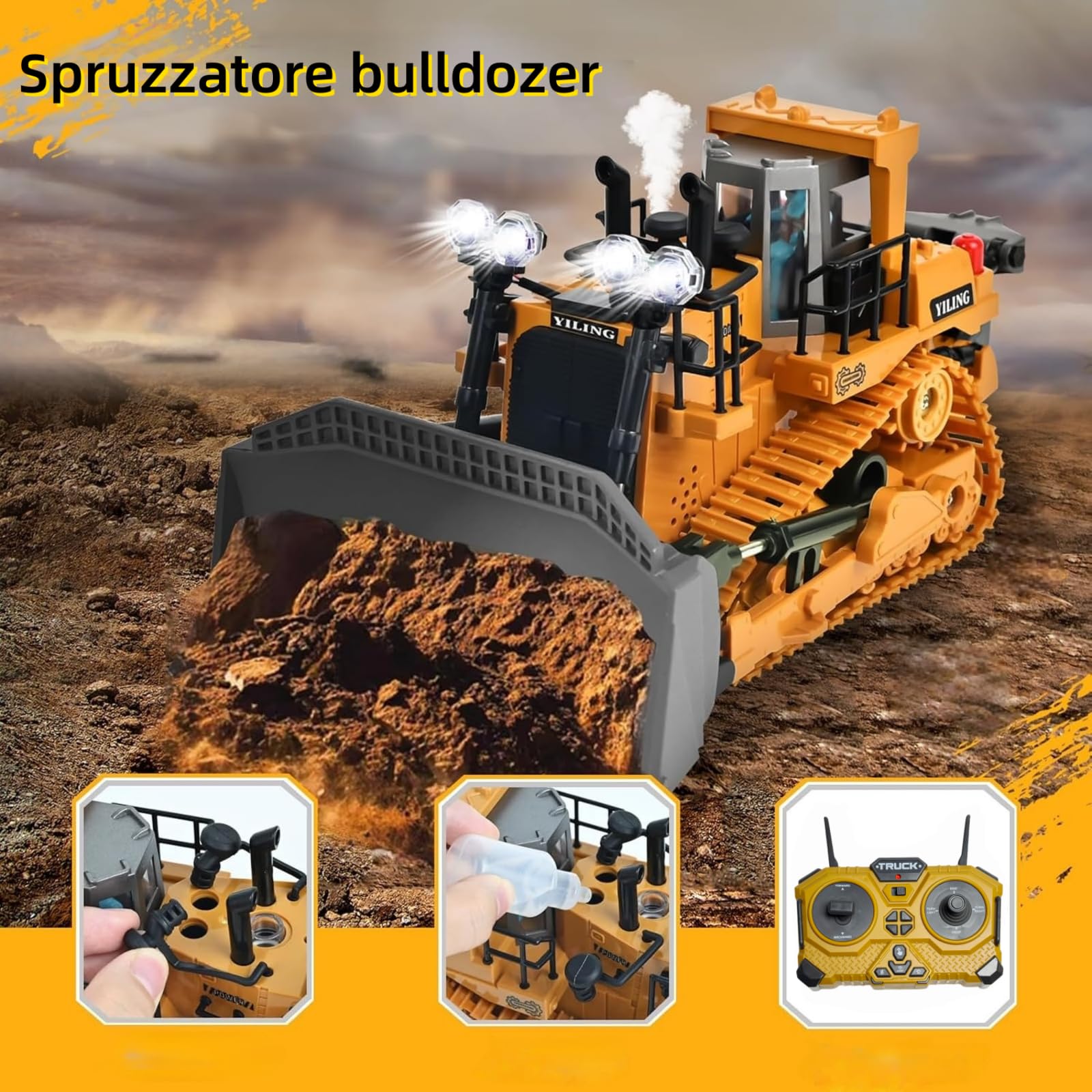 Escala1:16 11Canales Bulldozer teledirigido completamente funcional RC oruga con luz y efectos de sonido y spray; Niños 4 y 12 años Masculino Juguetes Regalo Pascua