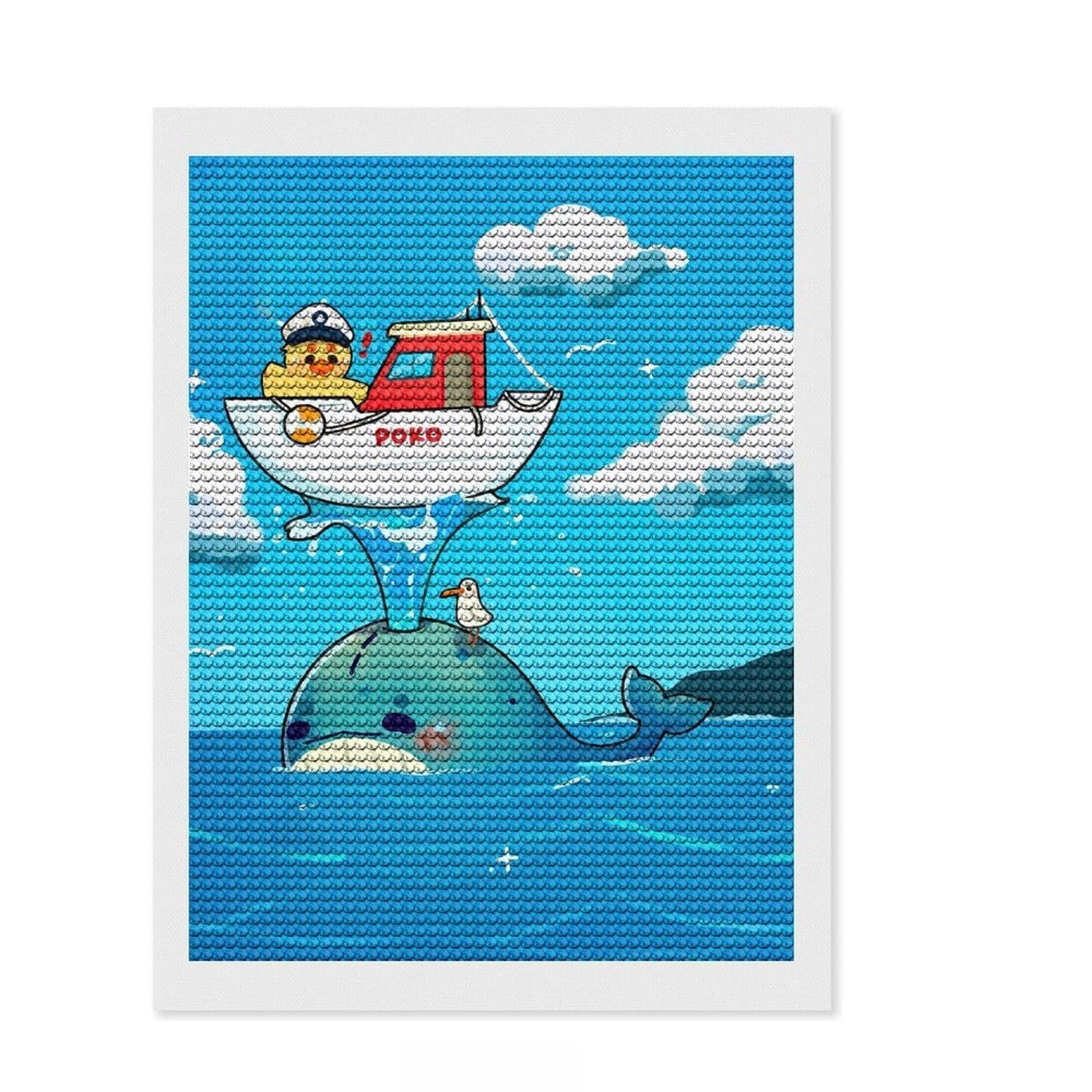 Junmoney Duck Captain on Whale Cartoon Illustration Diamond Art Canvas 12"x16", for Beginners, Easy to Enjoy, Cosy Home Accent, Christmas Gift, Enjoyable At-Home Hobby