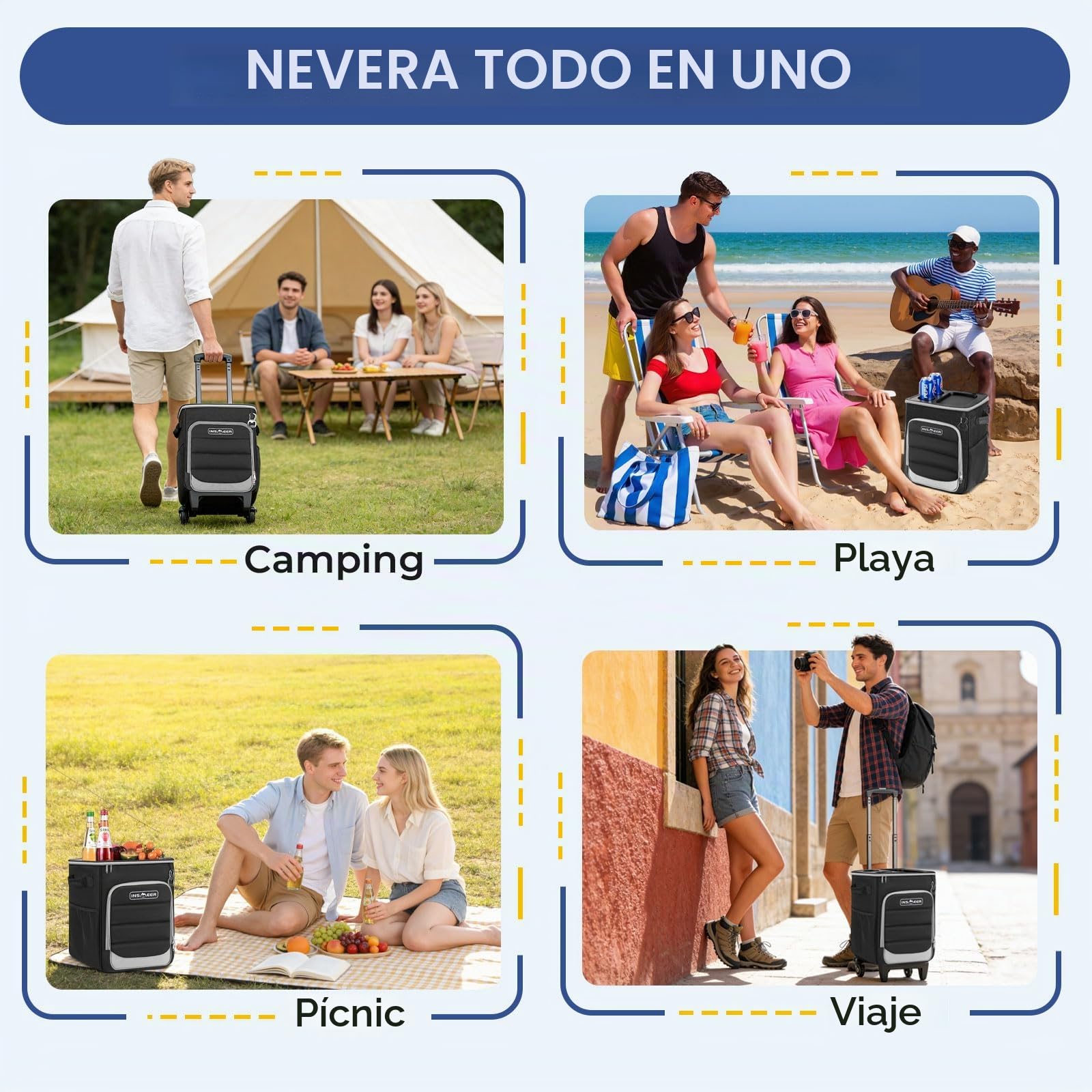 INSMEER Enfriador 2 en 1 con ruedas, 50 latas, plegable, con lados suaves, parte superior dura con 2 portavasos, bolsa térmica con ruedas 100% a prueba de fugas para playa, camping al aire libre