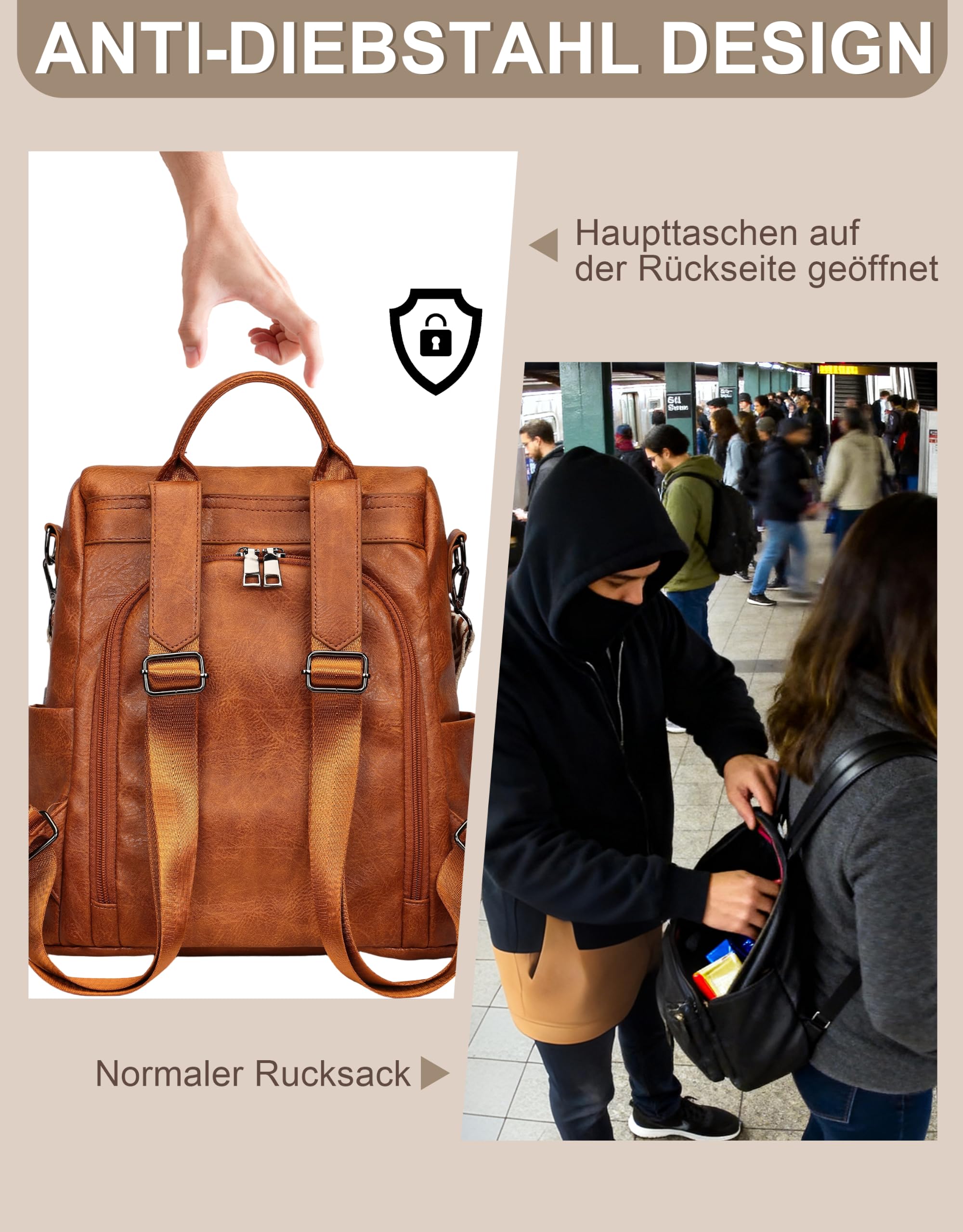 Rucksack Damen Klein Diebstahlsicher mit RFID-Blocker Braun