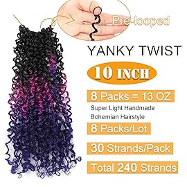 Aksice Pre-looped Yanky Twist Crochet Hair 10 Inch 8 Packs Bohemian Passion Twist Spring Mini Twist Crochet Hair for Black Women Boho Crochet Braids Synthetic (1b/purple/blue)