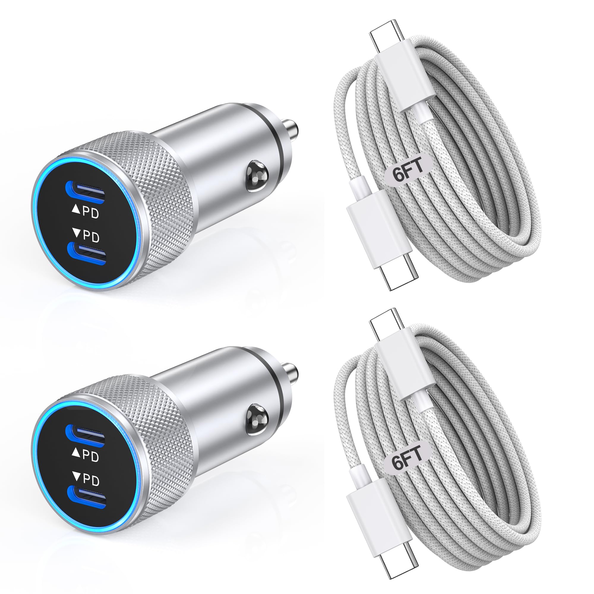iPhone 16 Car Charger,USB C Fast Car Charger Adapter 2Pack Dual USB C Port Fast Car Charger with 6Feet Long USB C to C Braided Charging Cable Fast Car Charging for iPhone 16/16 Pro/16 Pro Max/15/iPad