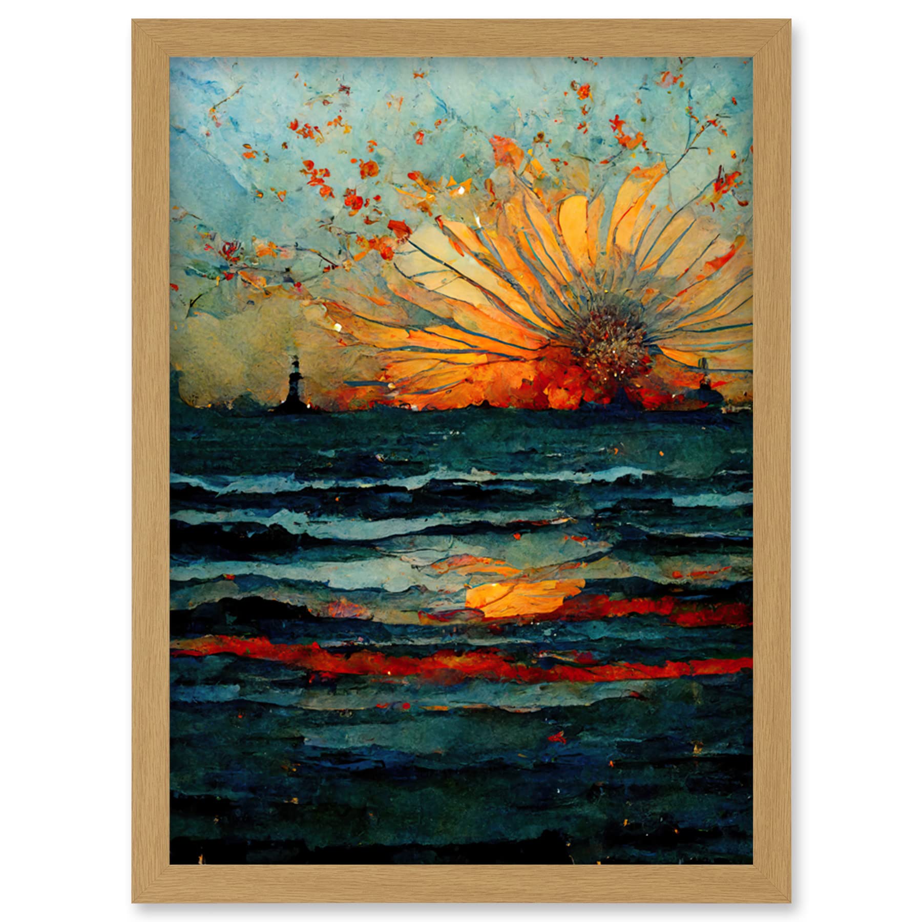 Artery8 Seascape Sunset Port City Waves Horizon Artwork Framed Wall Art Print A4
