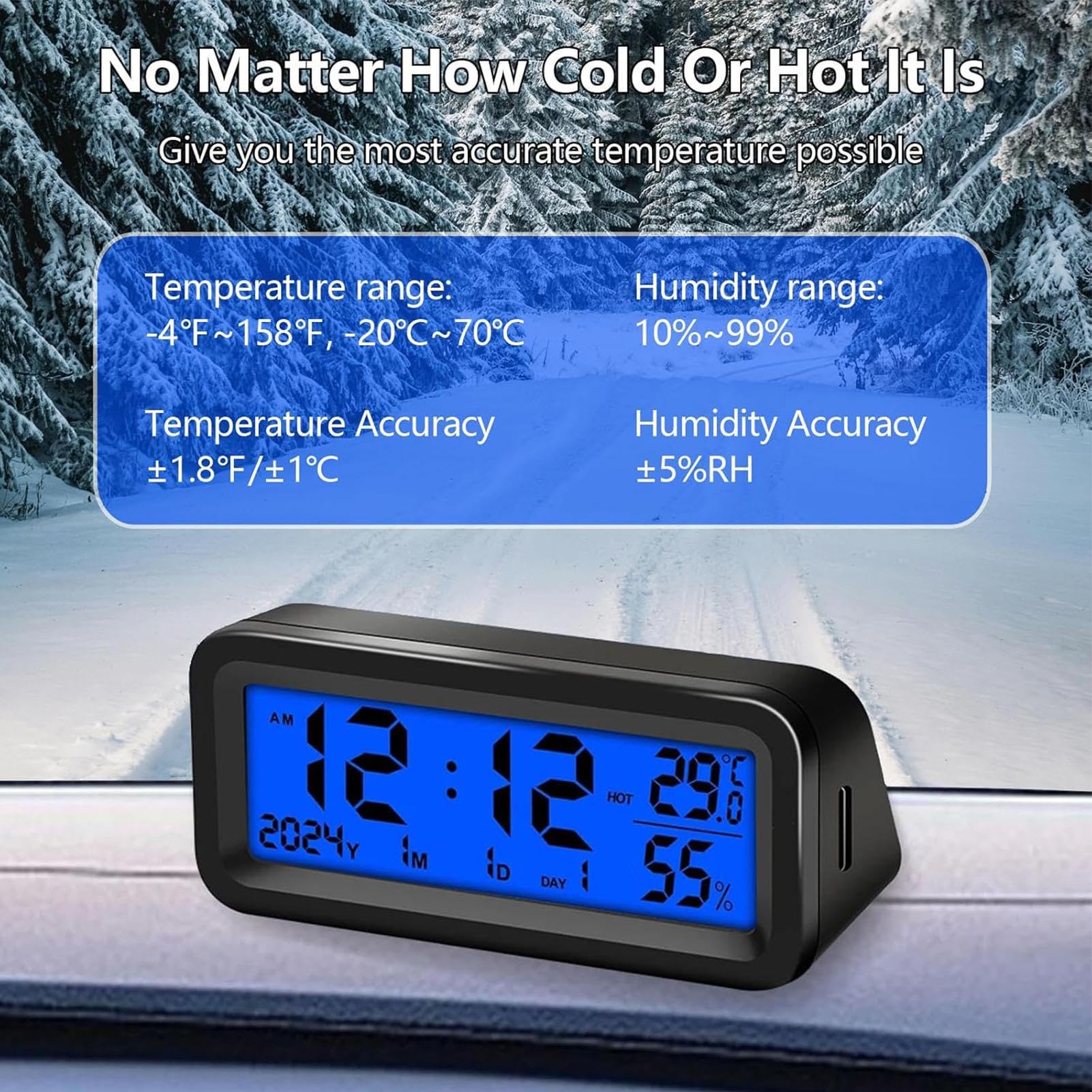 Orologio Cruscotto per Auto con Monitor di umidità della Temperatura, Orologio Digitale in Retroilluminazione Automatica per Auto, Orologio per Display LCD Alimentato USB C con