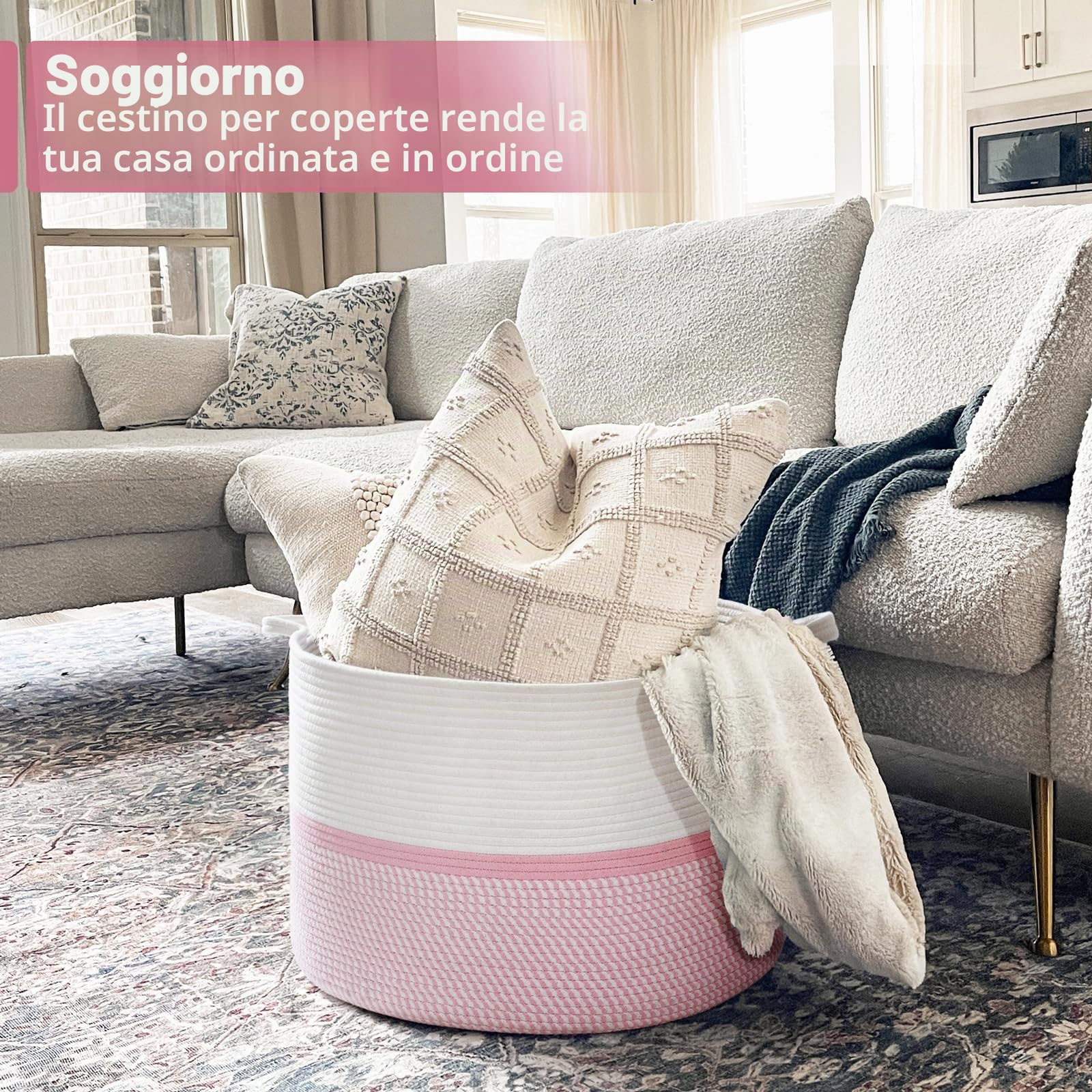 Cesto portaoggetti XXL extra large in corda di cotone intrecciato, con manici, cestino decorativo rosa per vestiti, 55,9 x 55,9 x 35,6 cm