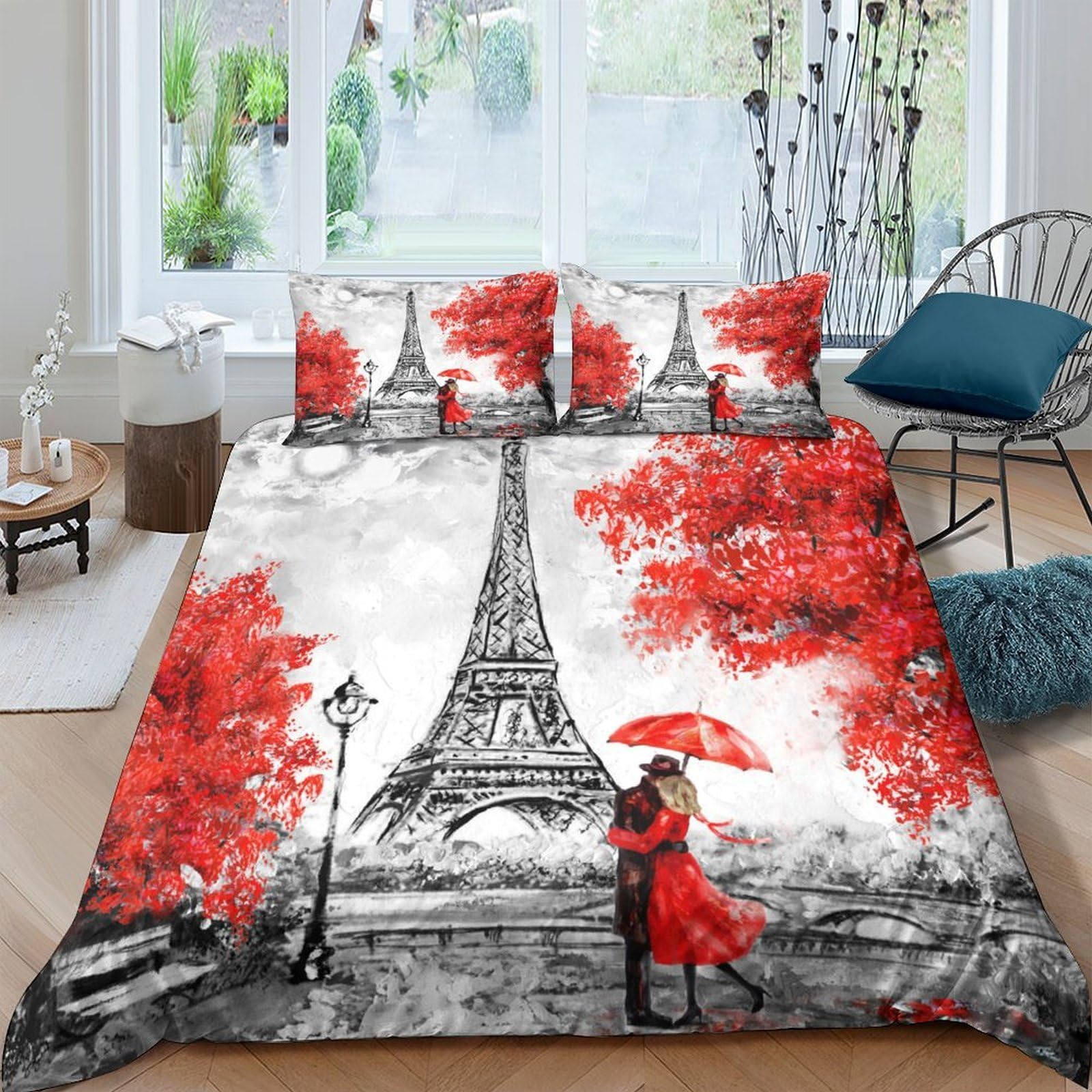 Ctjqhvkz Style-7 3D Printed Eiffel Tower Paris Romance Fitted Sheet Microfiber Red Tree Bed Cover For Bedroom Guest Room Decor Single（135X200cm）