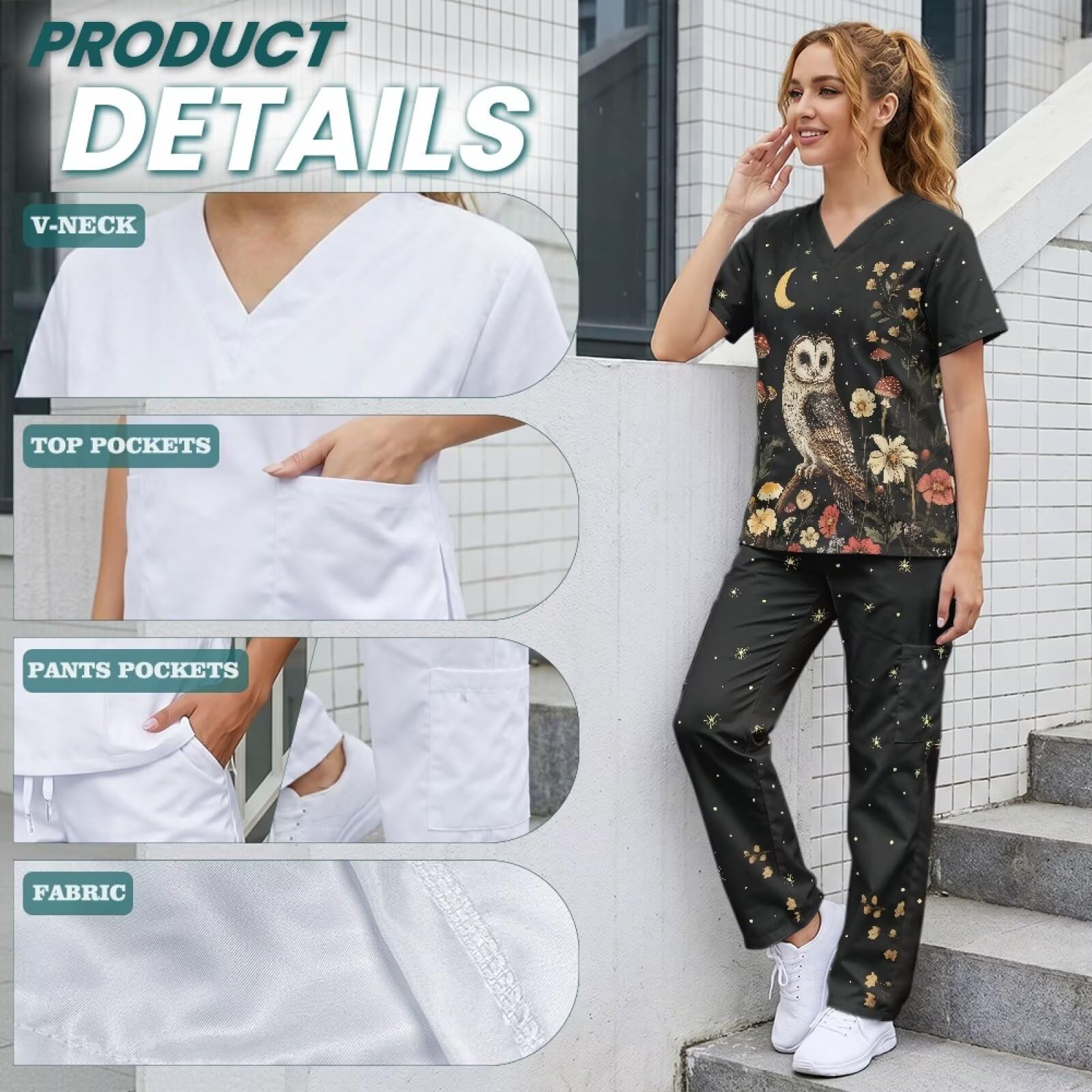 Blouse médicale pour femme avec joli imprimé infroissable et pantalon large avec 6 poches pour soins de santé
