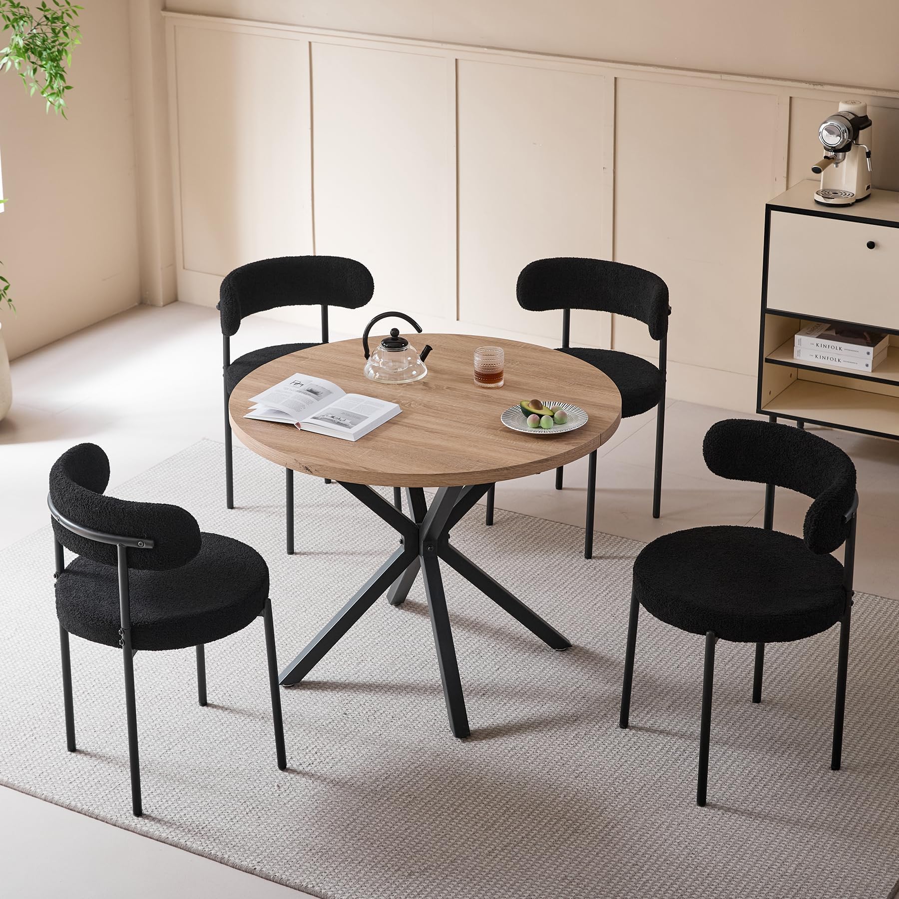GrandCA HOME Set di 4 Sedie da Pranzo, Sedia da Cucina Imbottita con Rivestimento in Velluto Teddy, Adatta a Soggiorni, Sale da Pranzo e Camere da Letto, Nero
